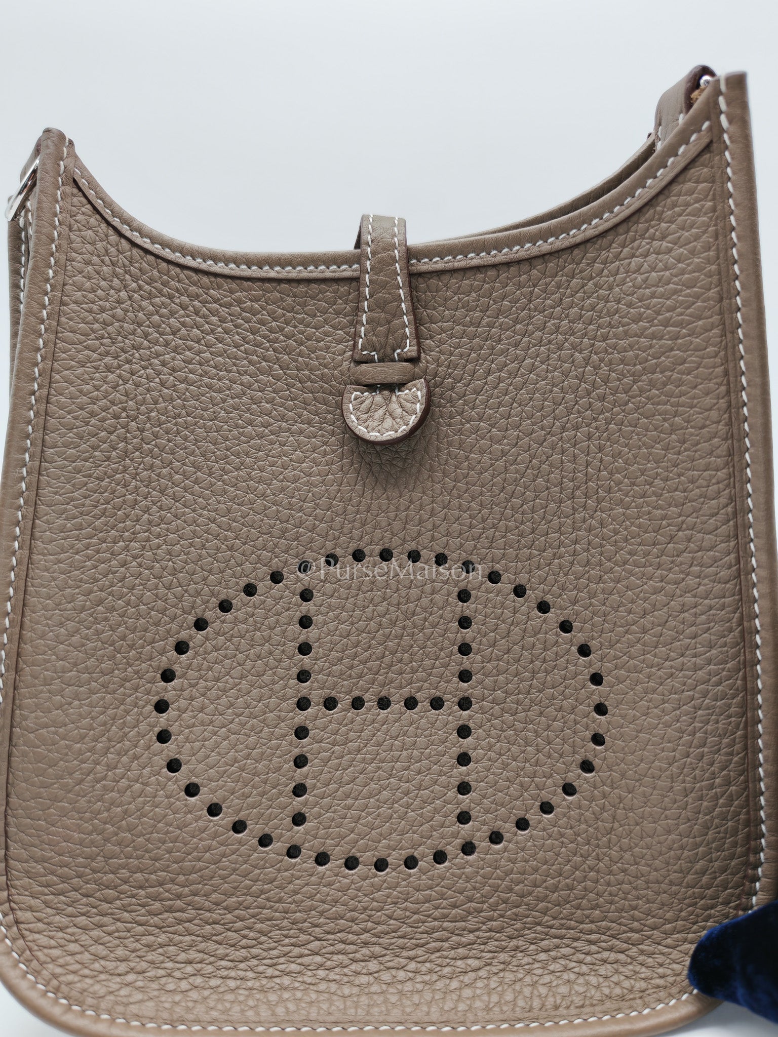 Hermes Evelyne 16 TPM in Etoupe Clemence Leather with Navy Blue Strap Palladium Hardware Stamp K(2025) | Purse Maison Luxury Bags Shop