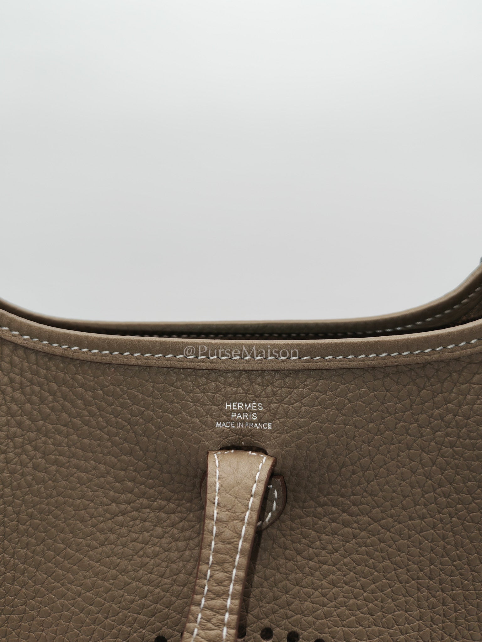 Hermes Evelyne 16 TPM in Etoupe Clemence Leather with Navy Blue Strap Palladium Hardware Stamp K(2025) | Purse Maison Luxury Bags Shop