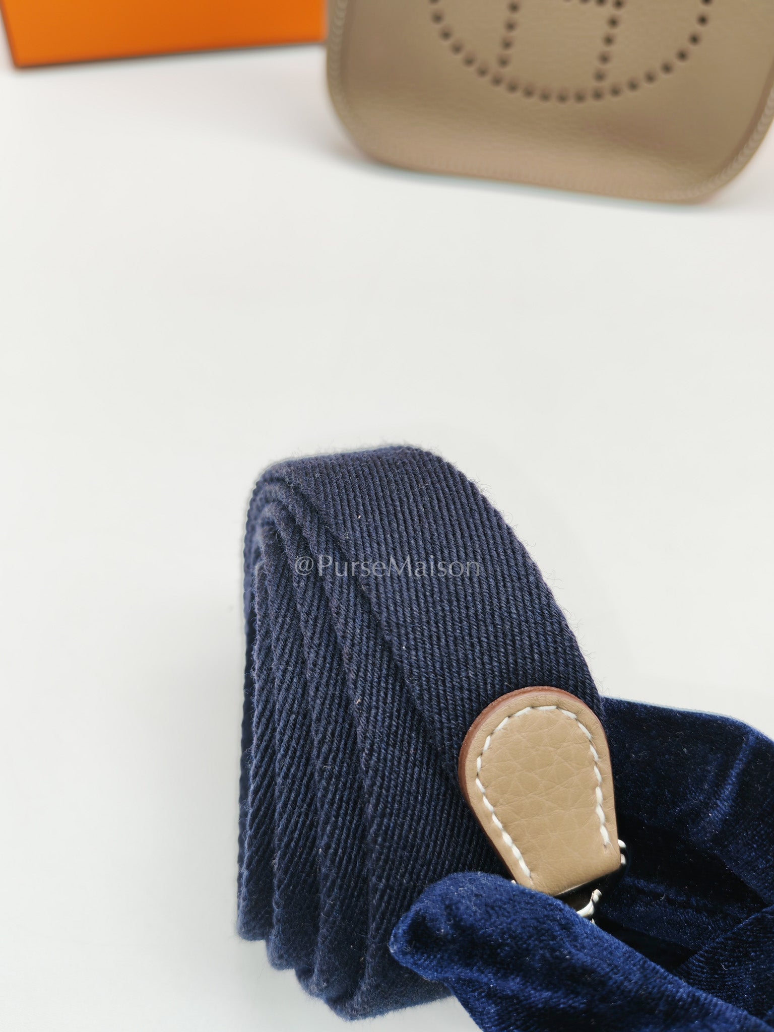 Hermes Evelyne 16 TPM in Etoupe Clemence Leather with Navy Blue Strap Palladium Hardware Stamp K(2025) | Purse Maison Luxury Bags Shop