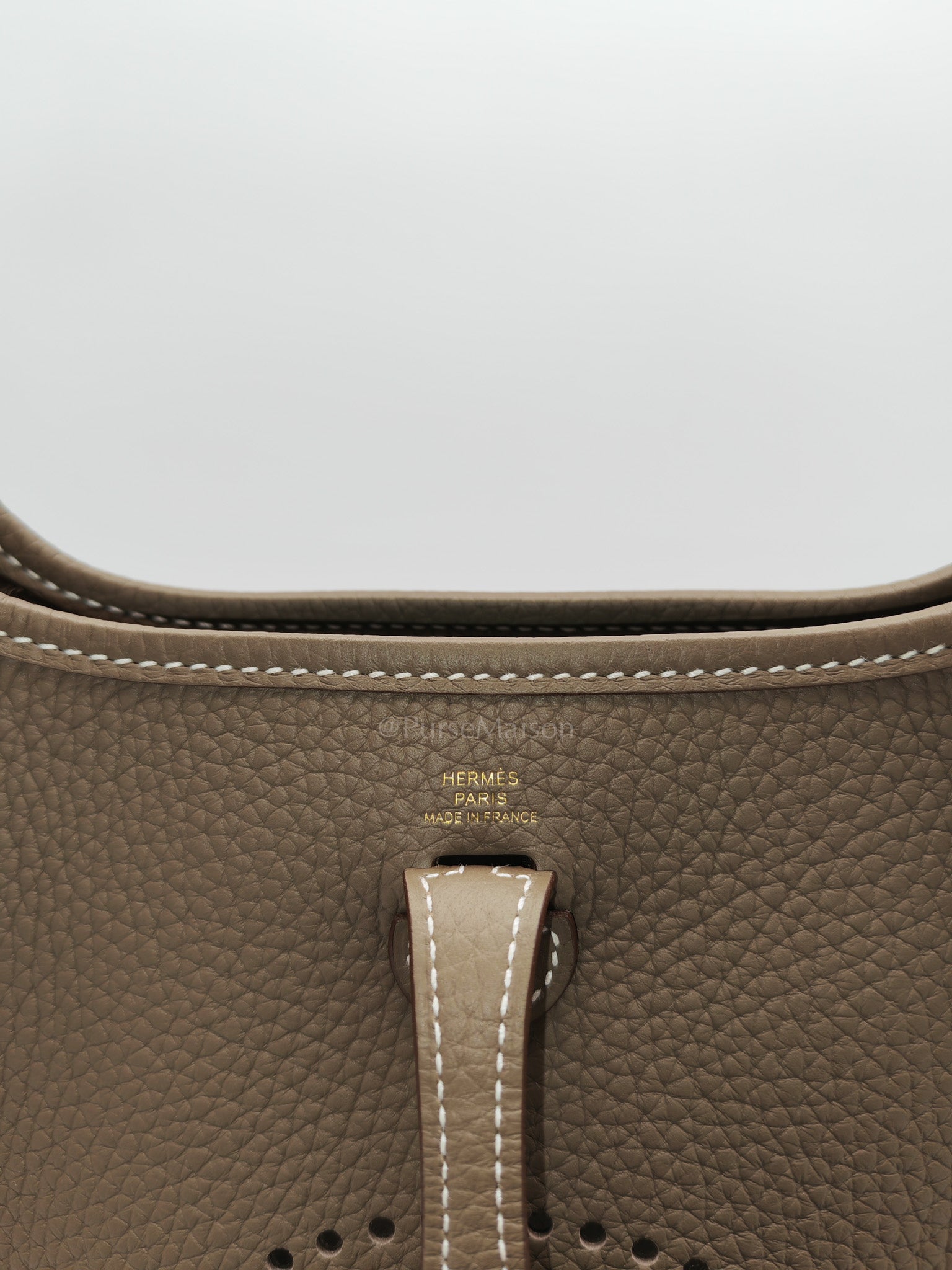 Hermes Evelyne 16 TPM in Etoupe Clemence with Navy Blue Strap Leather Gold Hardware Stamp W(2024) | Purse Maison Luxury Bags Shop