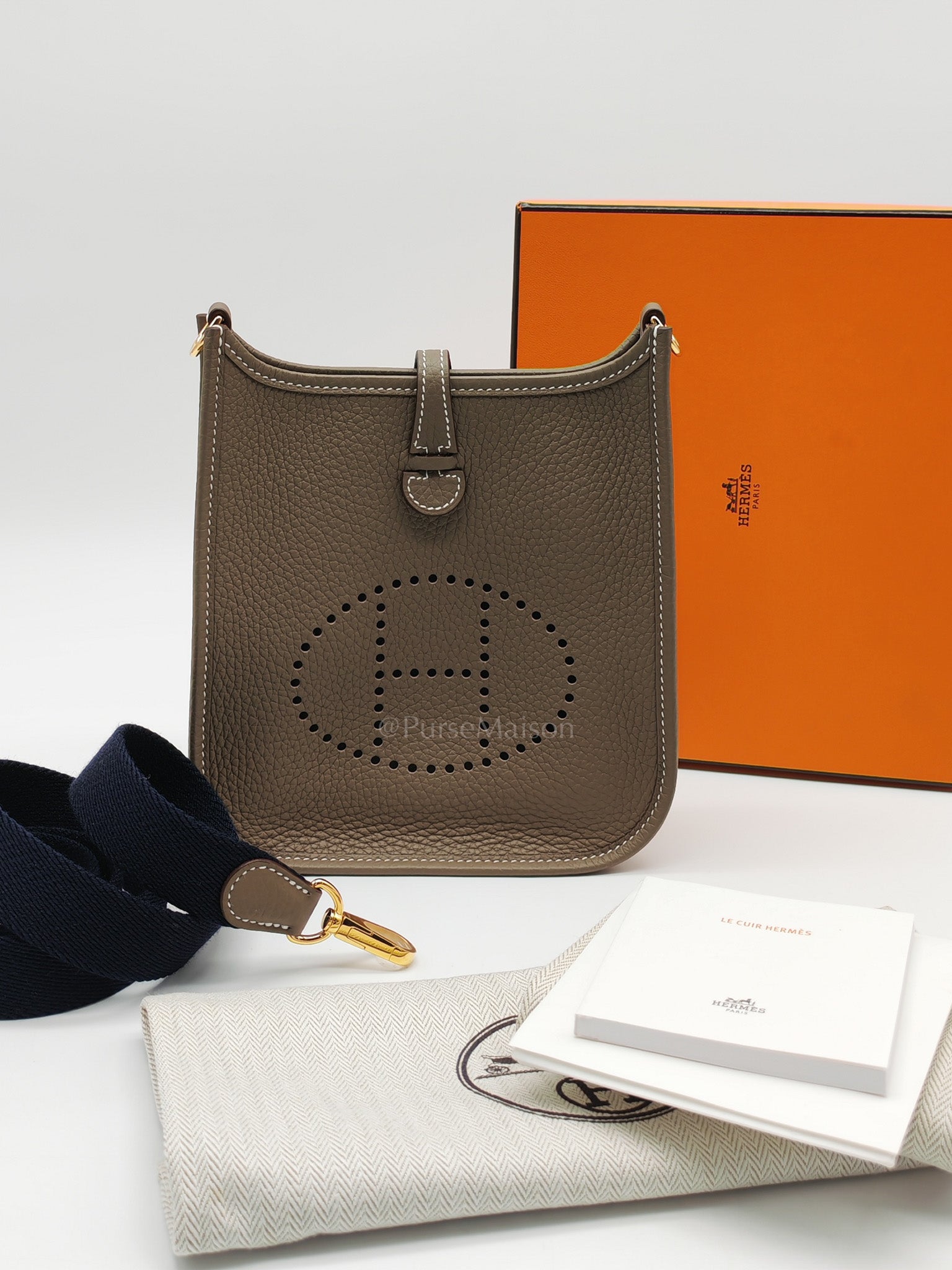 Hermes Evelyne 16 TPM in Etoupe Clemence with Navy Blue Strap Leather Gold Hardware Stamp W(2024) | Purse Maison Luxury Bags Shop