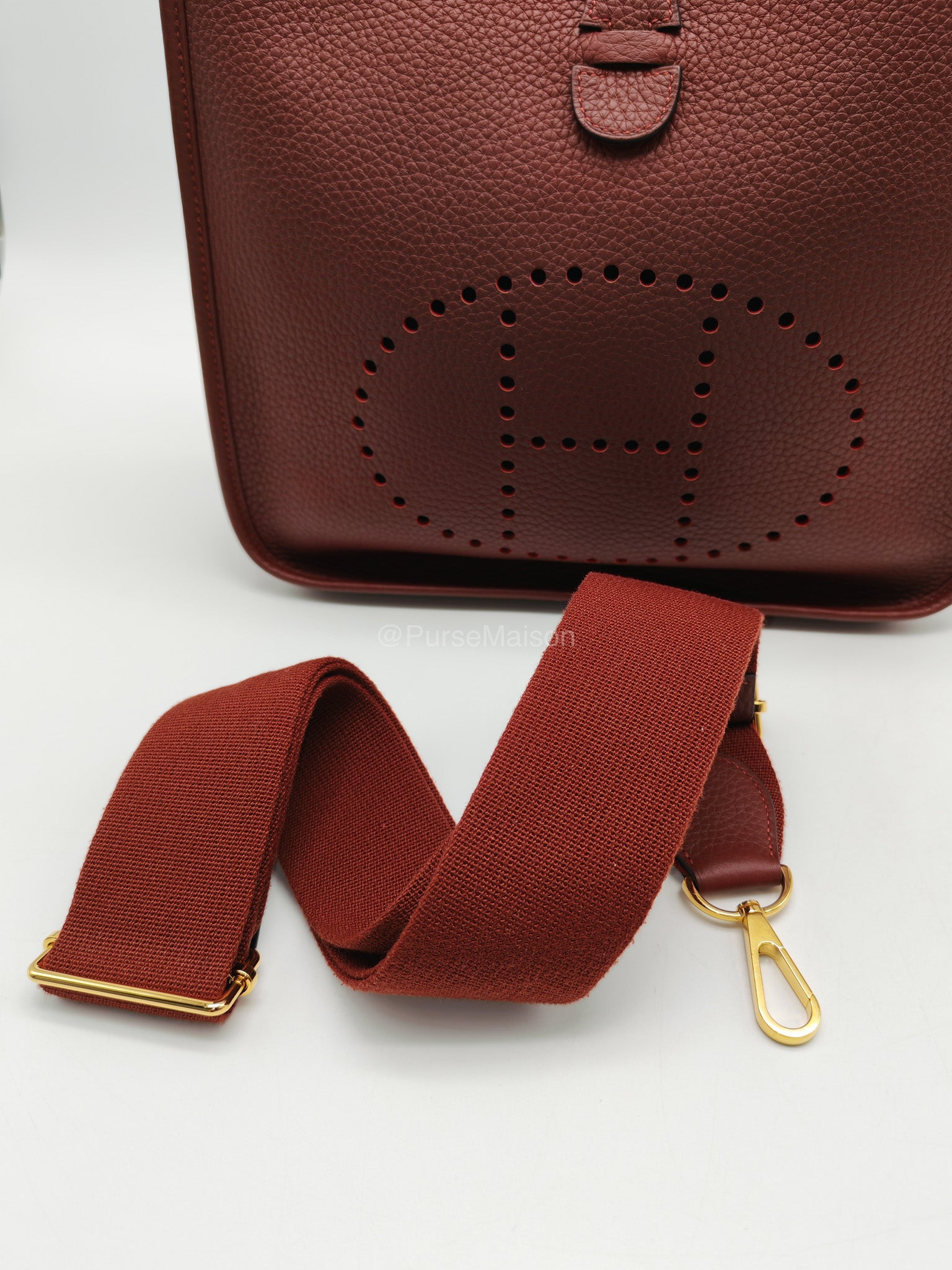 Hermes Evelyne PM in Rouge Clemence Leather and Gold Hardware Stamp K(2025) | Purse Maison Luxury Bags Shop