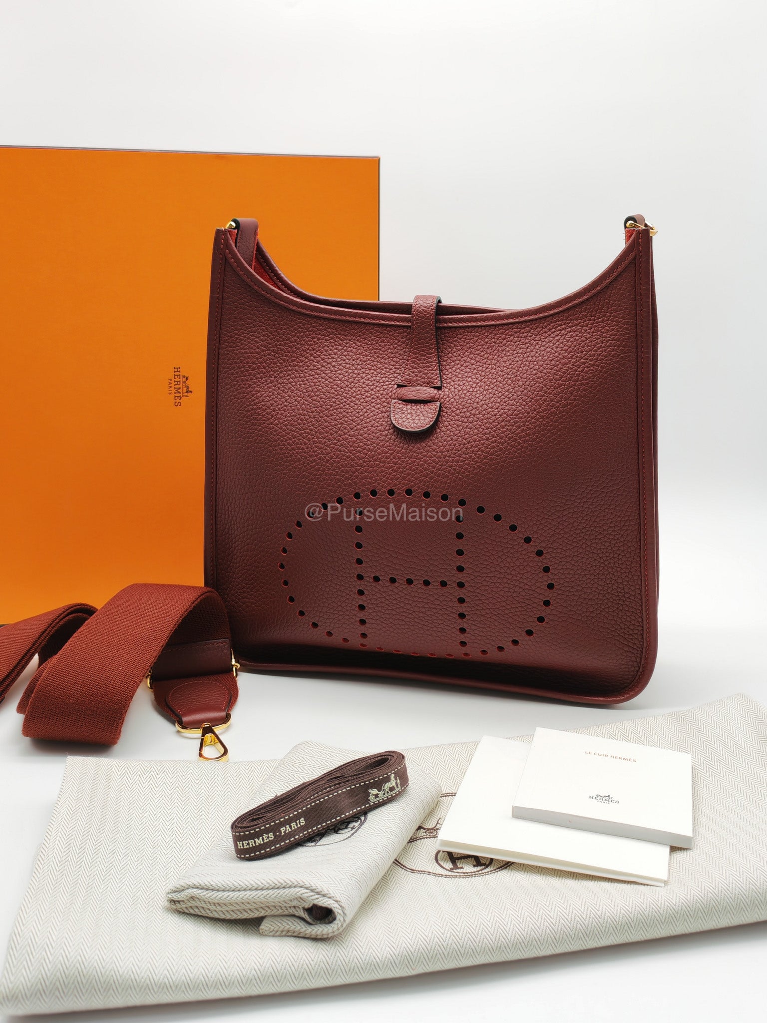 Hermes Evelyne PM in Rouge Clemence Leather and Gold Hardware Stamp K(2025) | Purse Maison Luxury Bags Shop