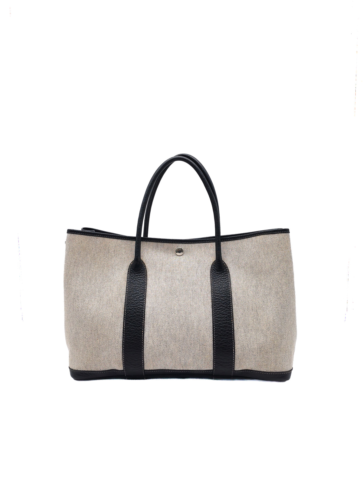 Hermes Garden Party Tote 36 in Ecru/Black Natural Toile Canvas and Palladium Hardware Stamp Square H (2004) | Purse Maison Luxury Bags Shop