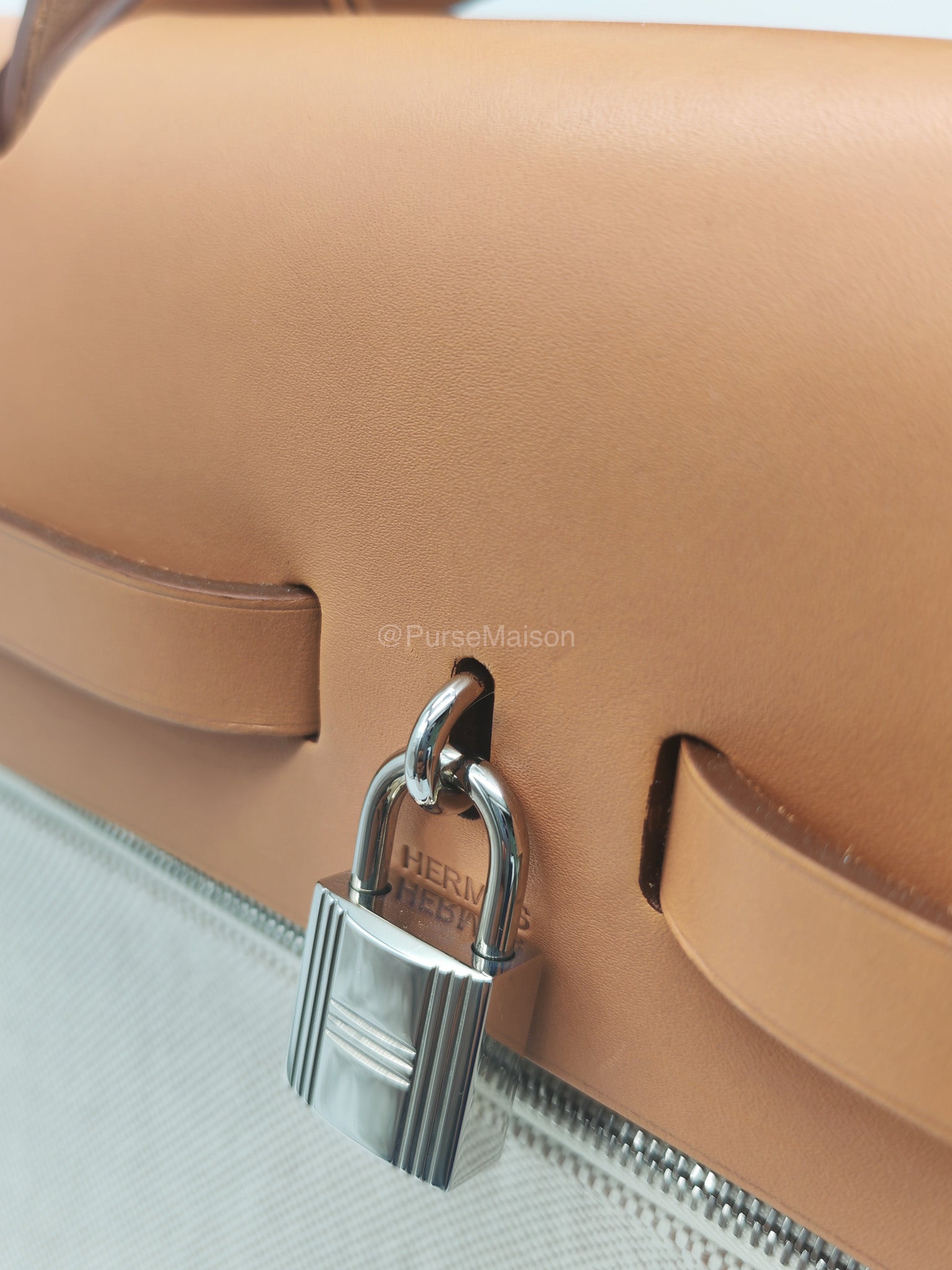 Hermes Herbag Messenger 39 in Beige Canvas Palladium Hardware Stamp Square N(2010) | Purse Maison Luxury Bags Shop