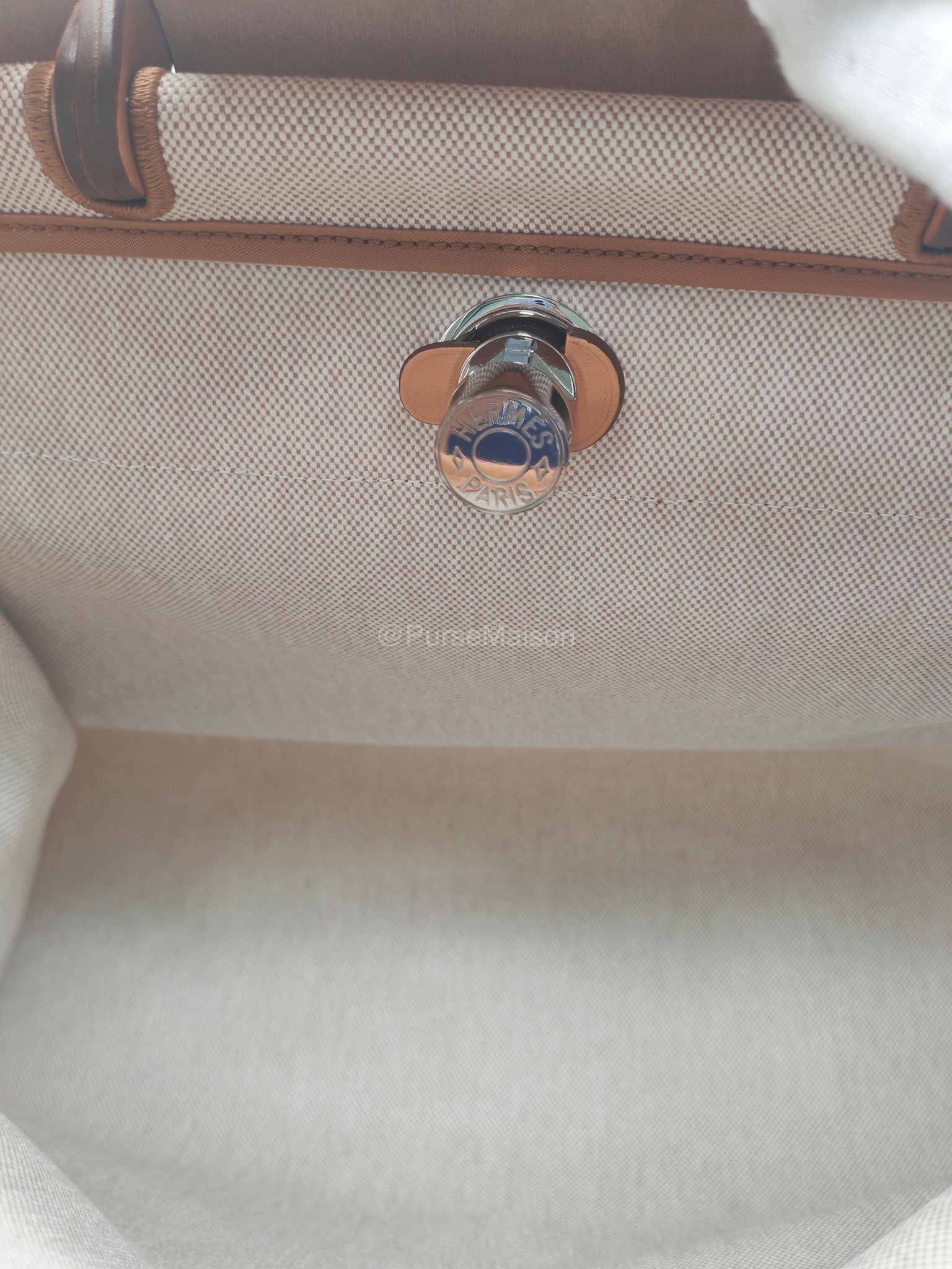 Hermes Herbag Messenger 39 in Beige Canvas Palladium Hardware Stamp Square N(2010) | Purse Maison Luxury Bags Shop