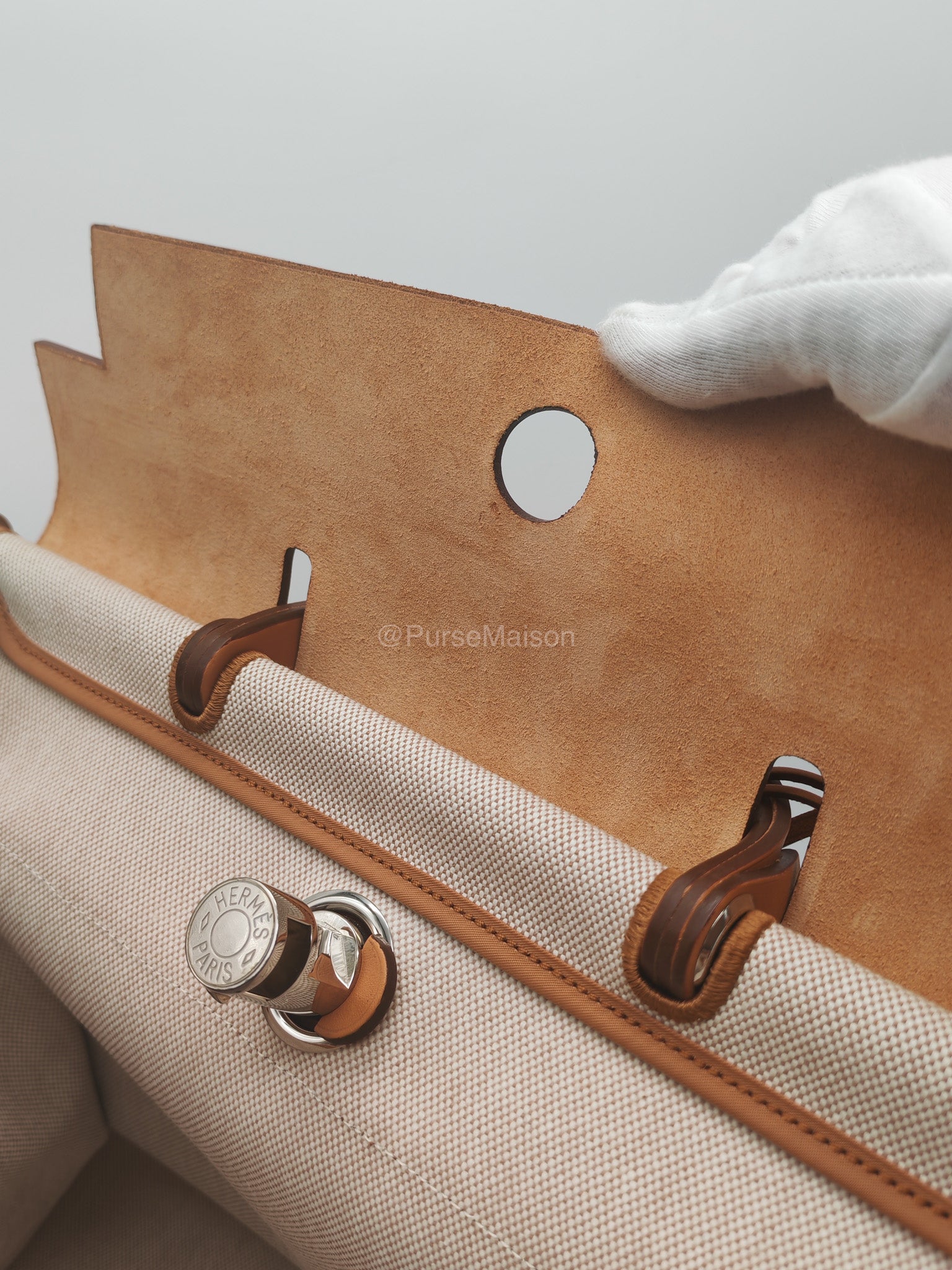 Hermes Herbag Messenger 39 in Beige Canvas Palladium Hardware Stamp Square N(2010) | Purse Maison Luxury Bags Shop
