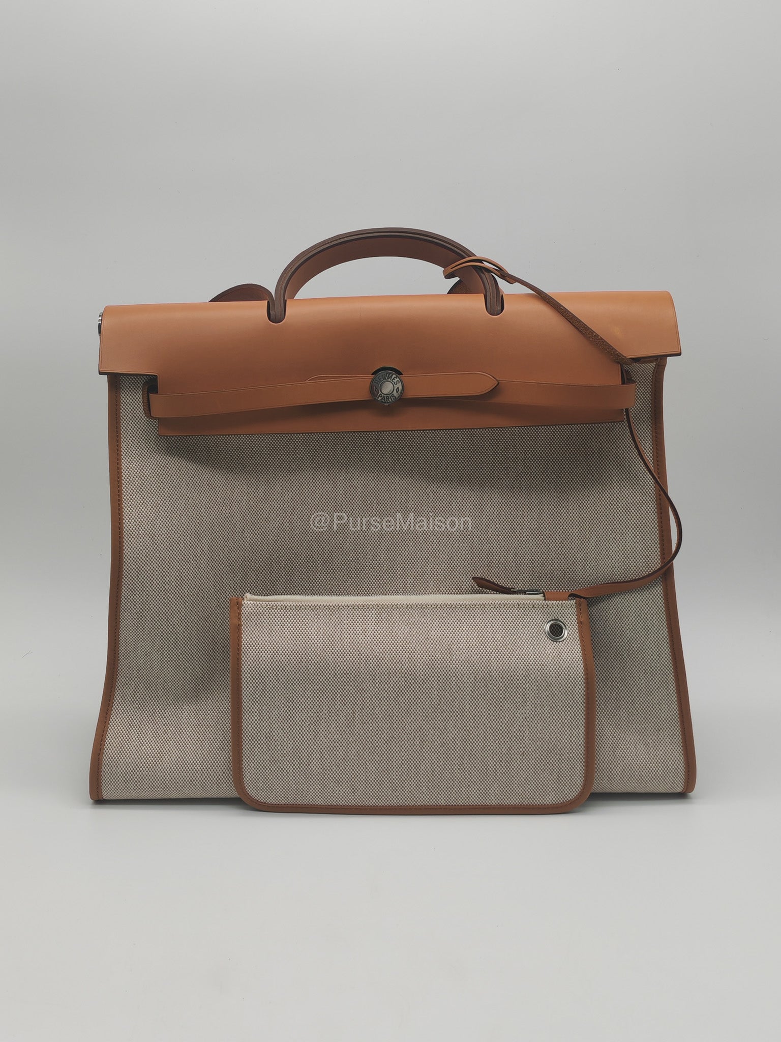 Hermes Herbag Messenger 39 in Beige Canvas Palladium Hardware Stamp Square N(2010) | Purse Maison Luxury Bags Shop