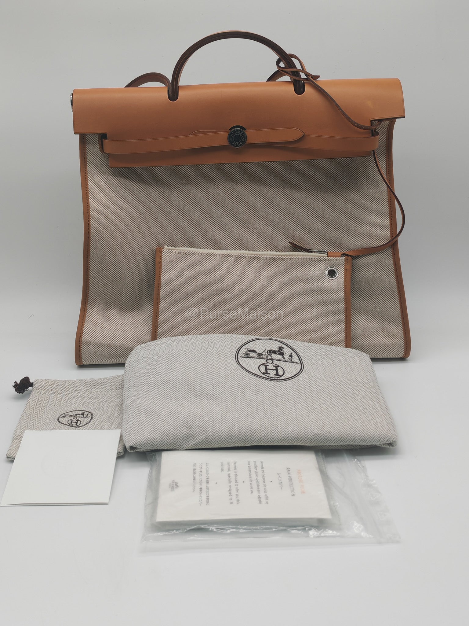 Hermes Herbag Messenger 39 in Beige Canvas Palladium Hardware Stamp Square N(2010) | Purse Maison Luxury Bags Shop