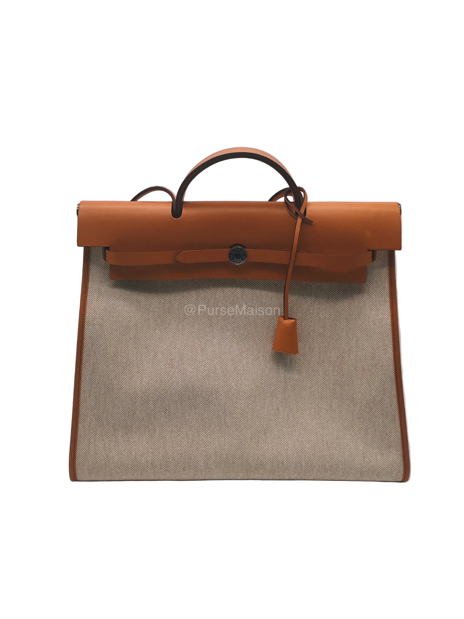 Hermes Herbag Messenger 39 in Beige Canvas Palladium Hardware Stamp Square N(2010) | Purse Maison Luxury Bags Shop
