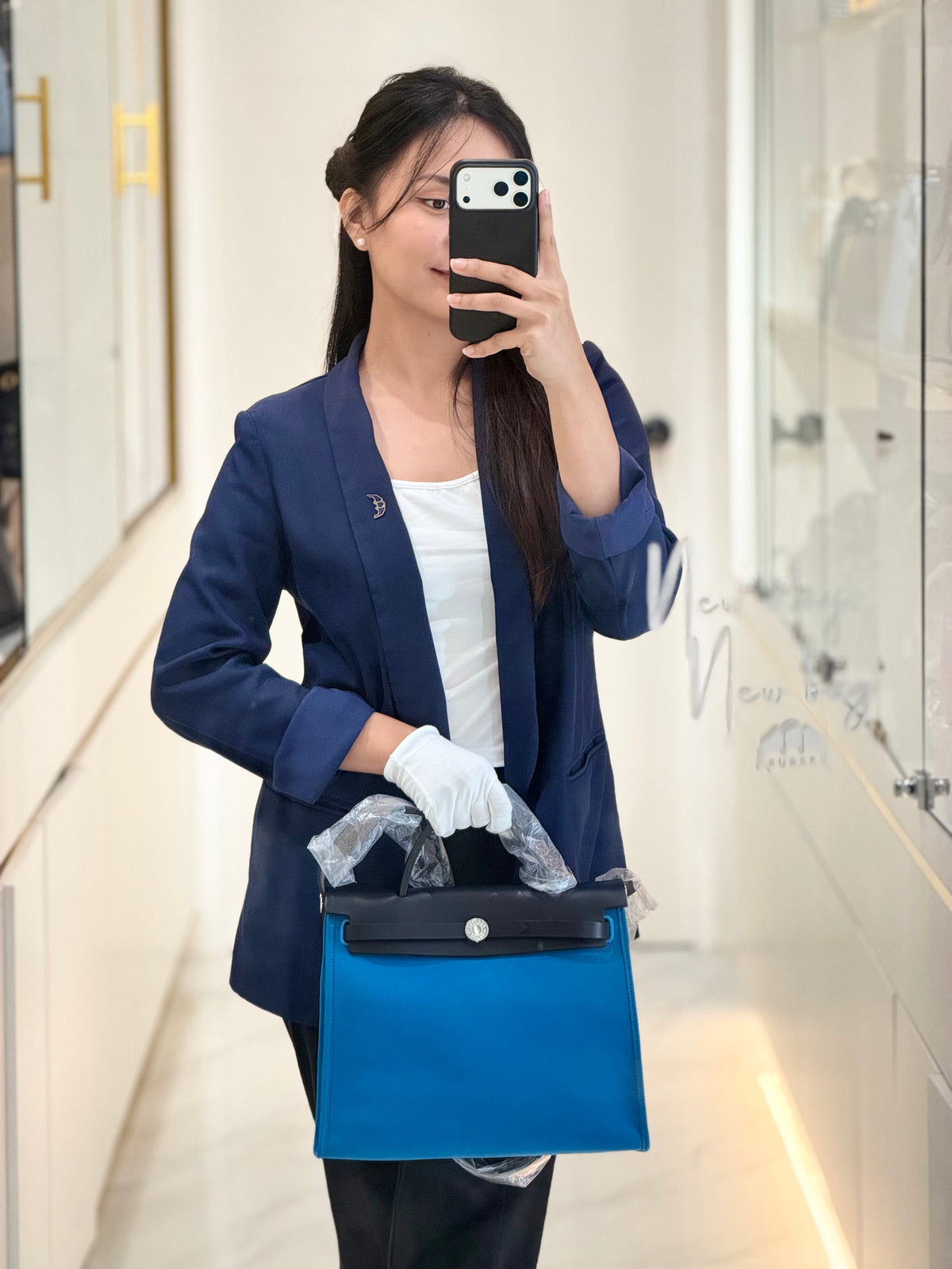 Hermes Herbag Zip 31 in Bleu Indigo Vache Hunter and Bleu Zanzibar Toile Canvas Palladium Hardware Stamp A (2017) | Purse Maison Luxury Bags Shop