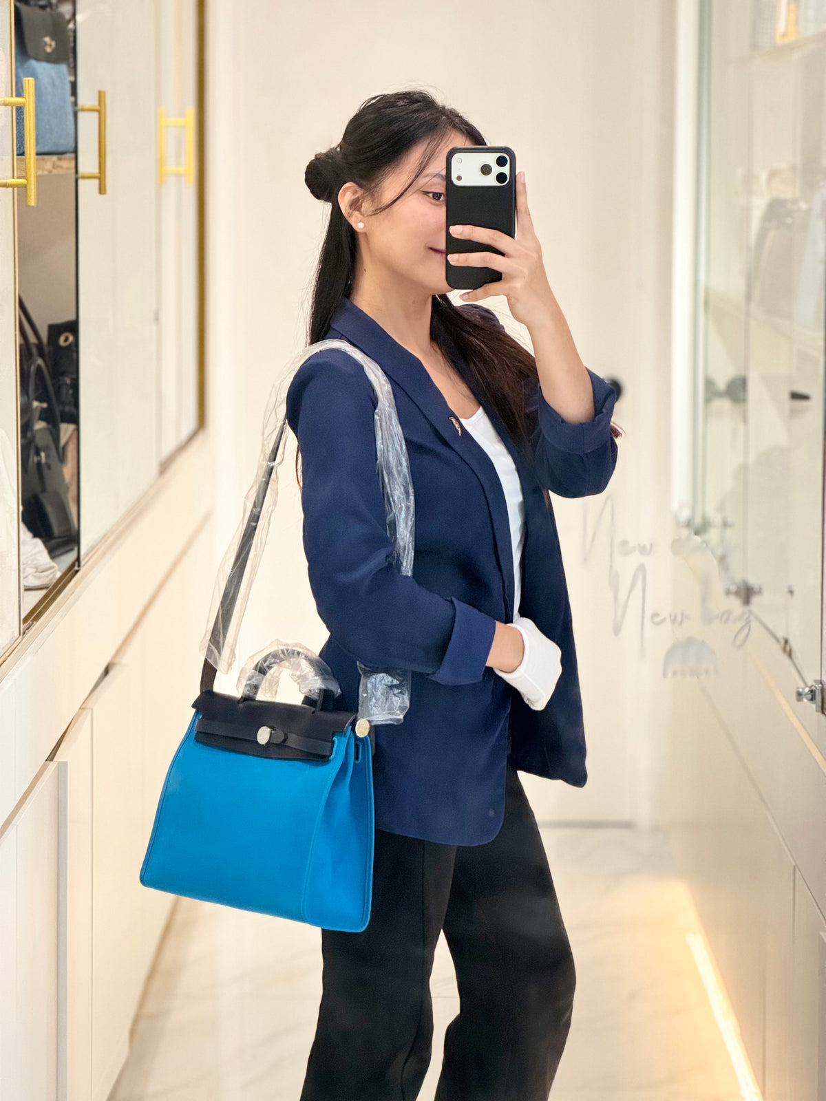 Hermes Herbag Zip 31 in Bleu Indigo Vache Hunter and Bleu Zanzibar Toile Canvas Palladium Hardware Stamp A (2017) | Purse Maison Luxury Bags Shop