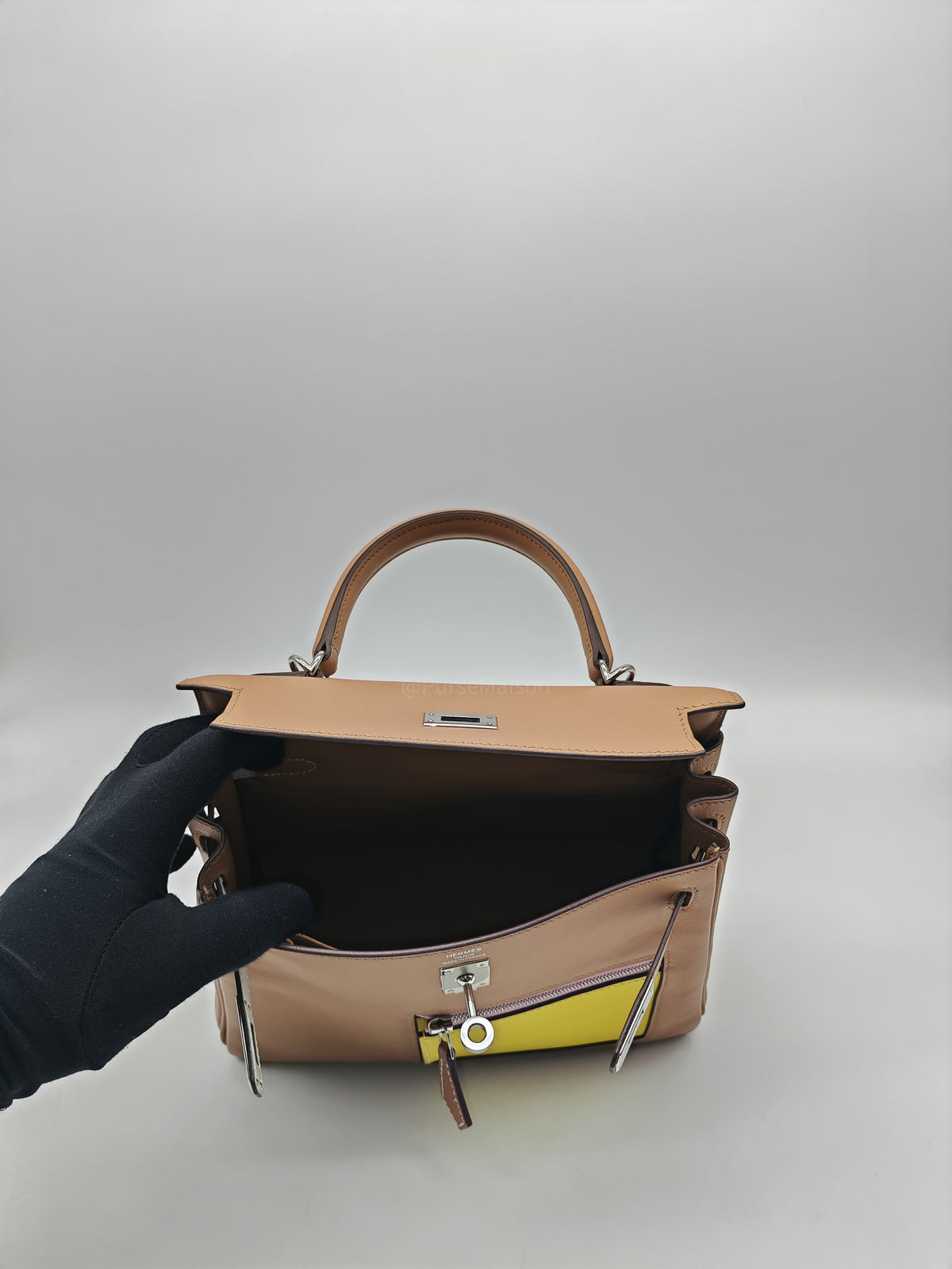Hermes Kelly 25 Retourne in Colormatic Veau Swift Leather Chai/Lime/Brume/Cassis/Nata Palladium HardwareStamp B(2023) | Purse Maison Luxury Bags Shop