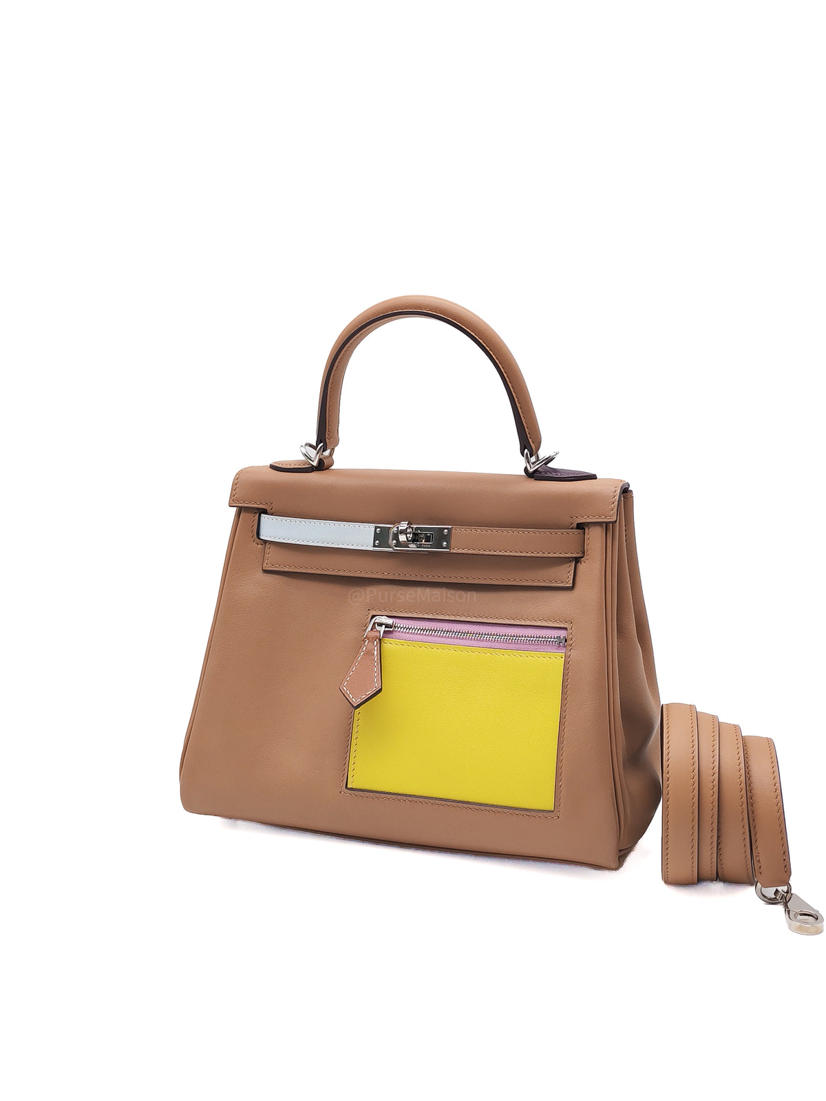 Hermes Kelly 25 Retourne in Colormatic Veau Swift Leather Chai/Lime/Brume/Cassis/Nata Palladium HardwareStamp B(2023) | Purse Maison Luxury Bags Shop