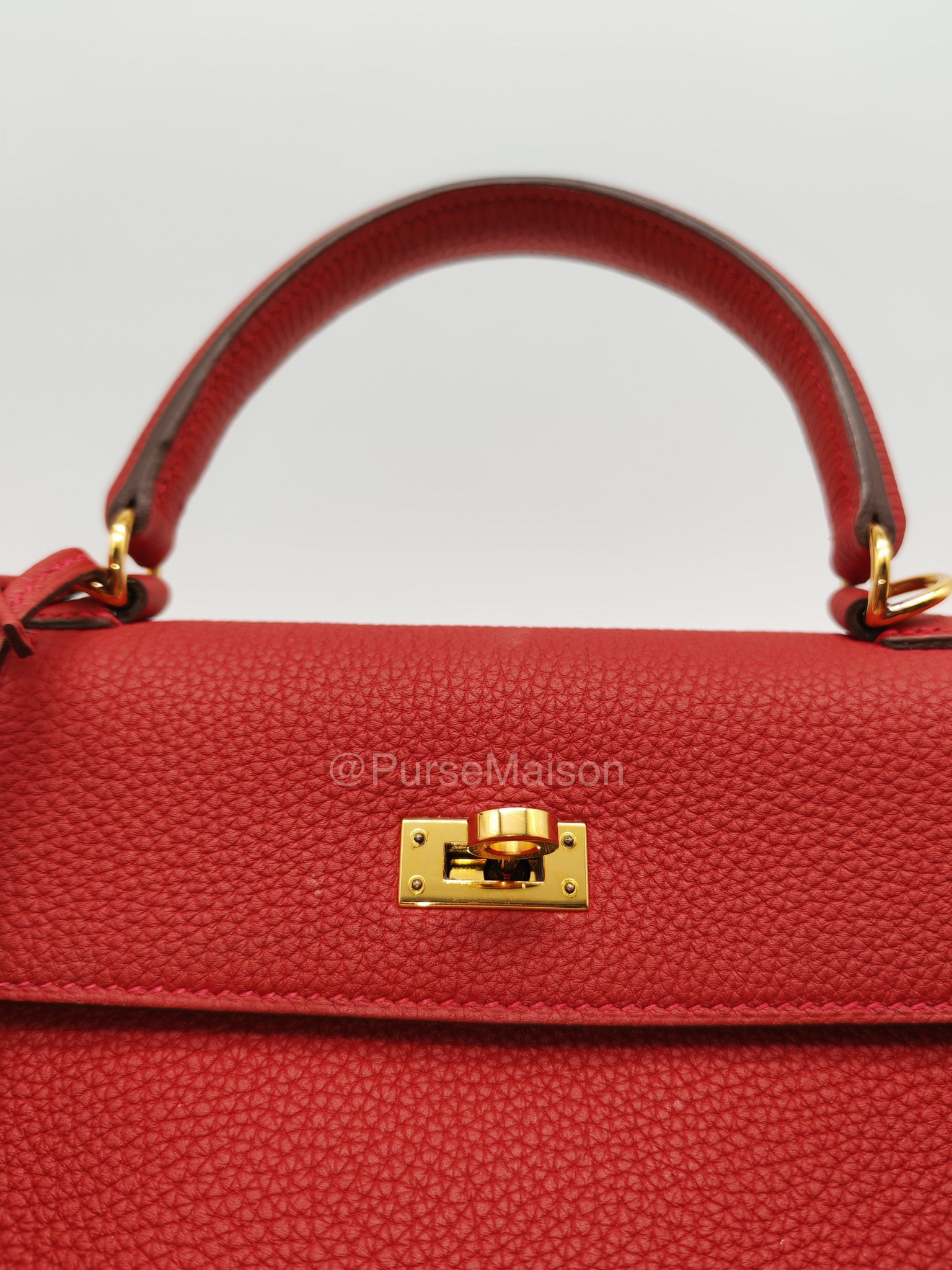 Hermes Kelly 25 Retourne in Rouge Vif Togo Leather and Gold Hardware Stamp Y (2020) | Purse Maison Luxury Bags Shop