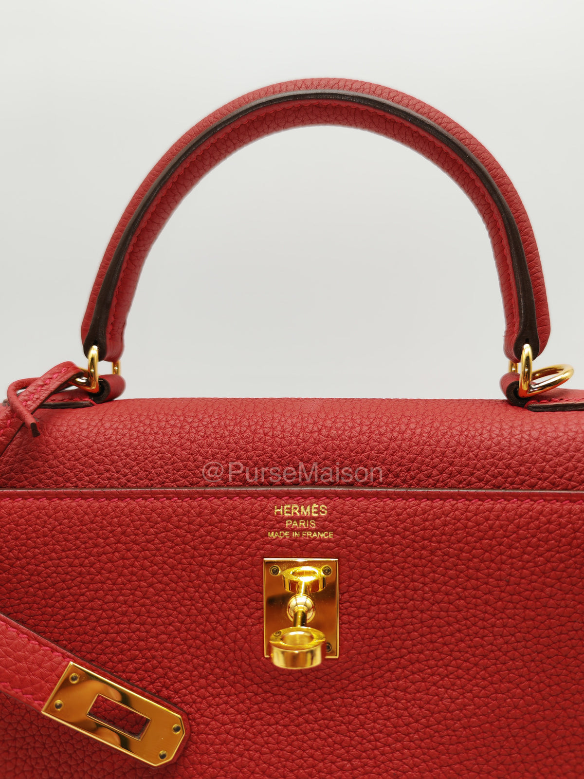 Hermes Kelly 25 Retourne in Rouge Vif Togo Leather and Gold Hardware Stamp Y (2020) | Purse Maison Luxury Bags Shop