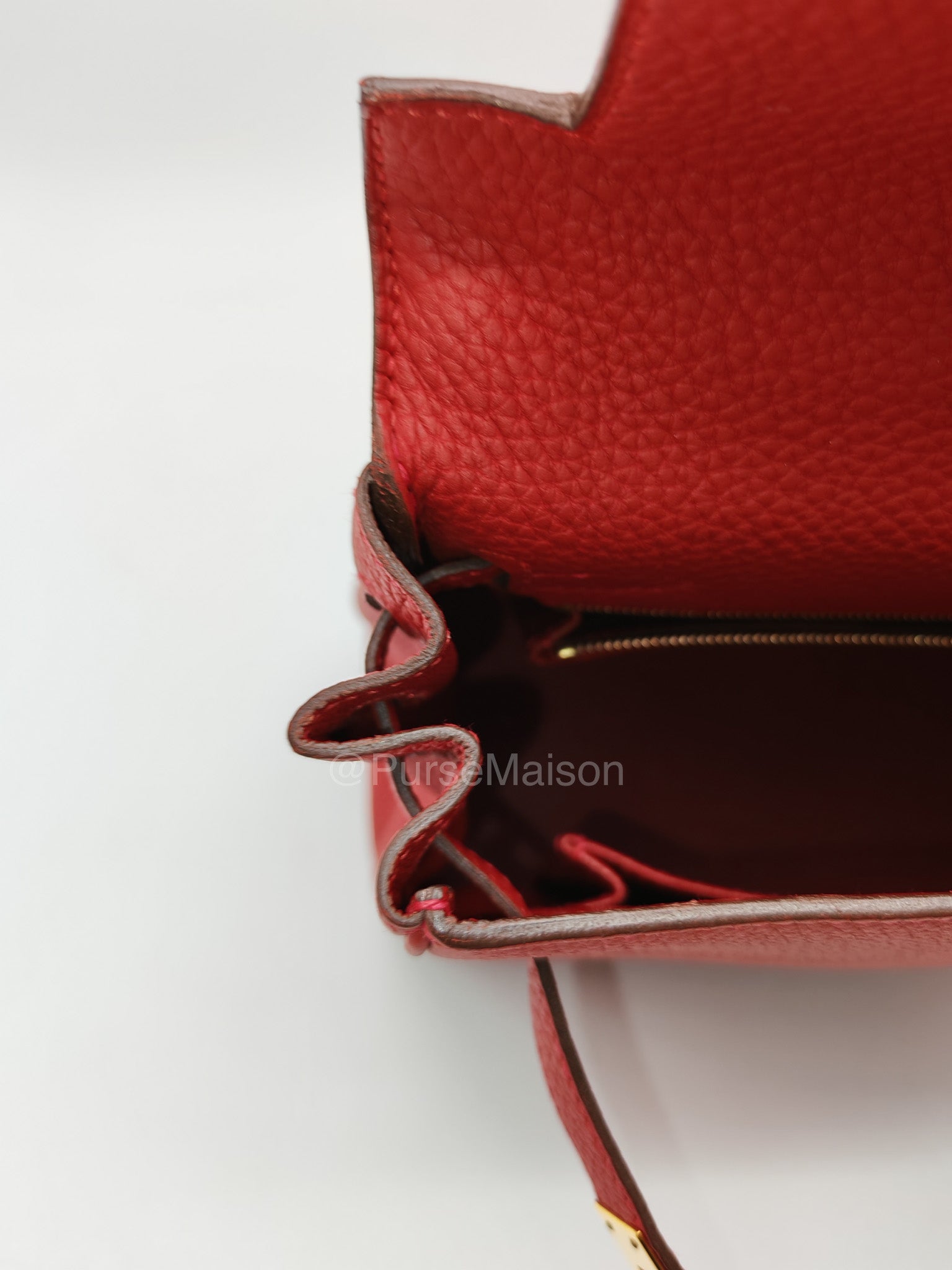 Hermes Kelly 25 Retourne in Rouge Vif Togo Leather and Gold Hardware Stamp Y (2020) | Purse Maison Luxury Bags Shop