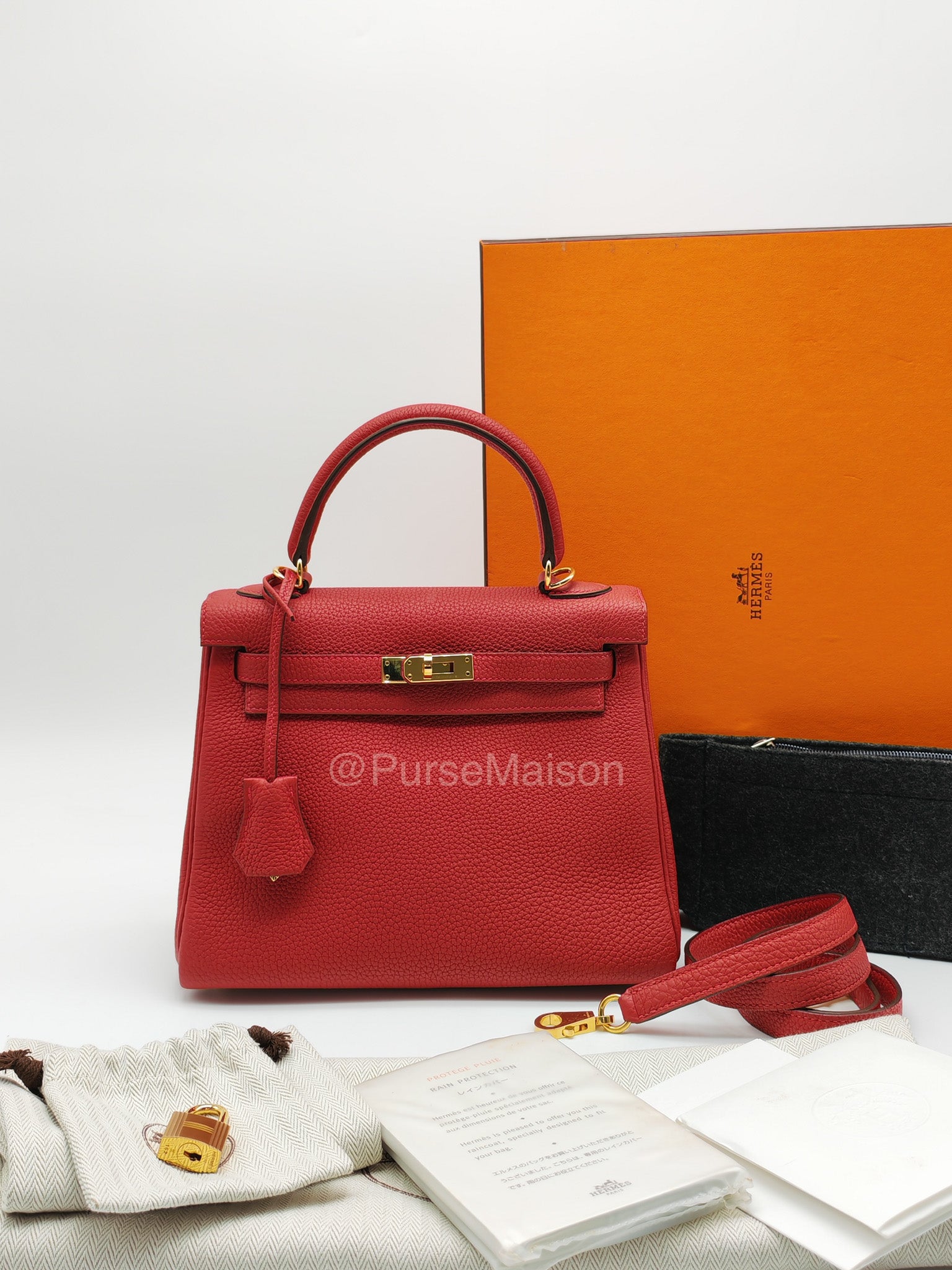 Hermes Kelly 25 Retourne in Rouge Vif Togo Leather and Gold Hardware Stamp Y (2020) | Purse Maison Luxury Bags Shop