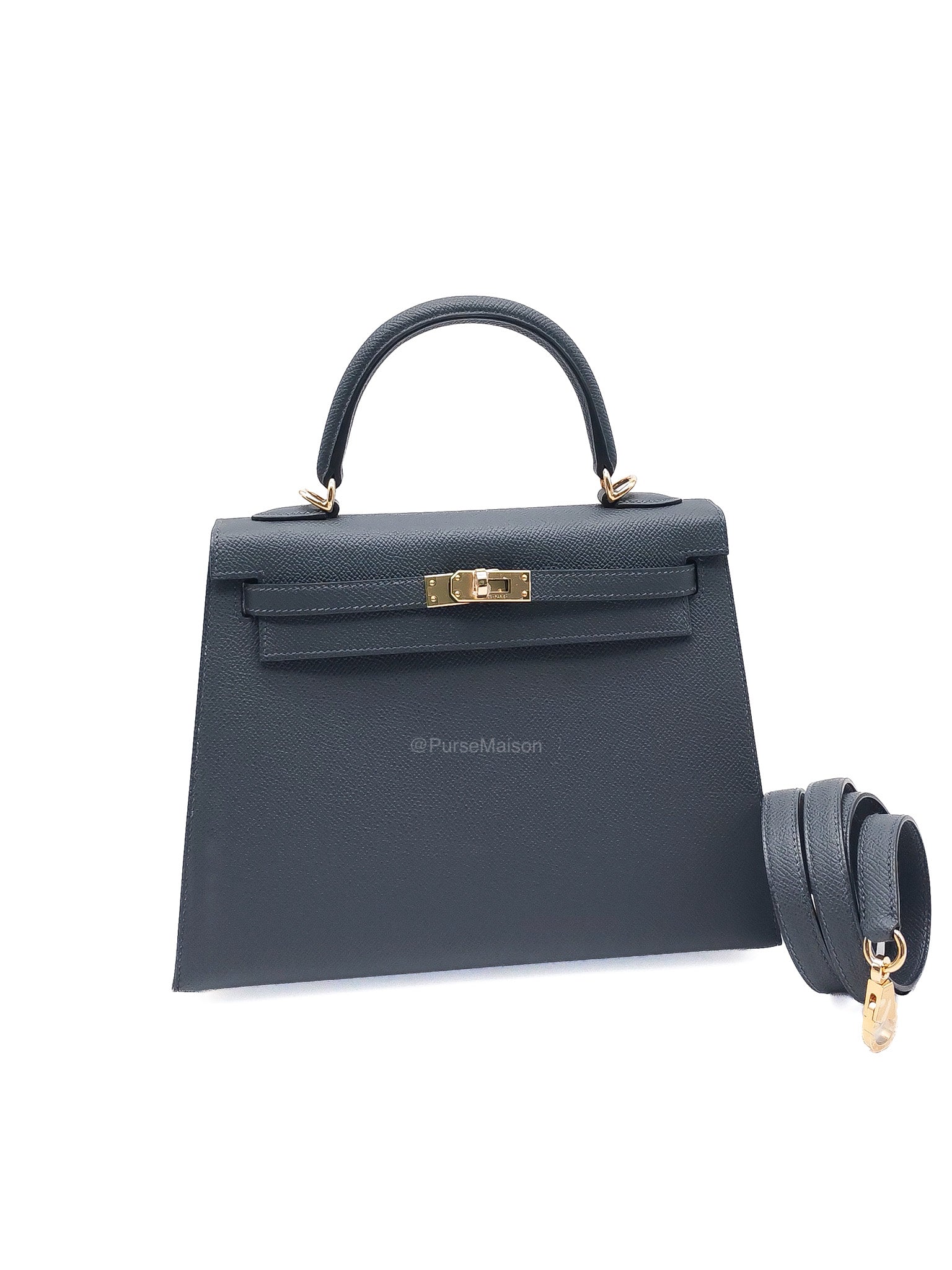 Hermes Kelly 25 Sellier in Gris Misty Epsom Leather and Permabrass Hardware Stamp W (2024) | Purse Maison Luxury Bags Shop