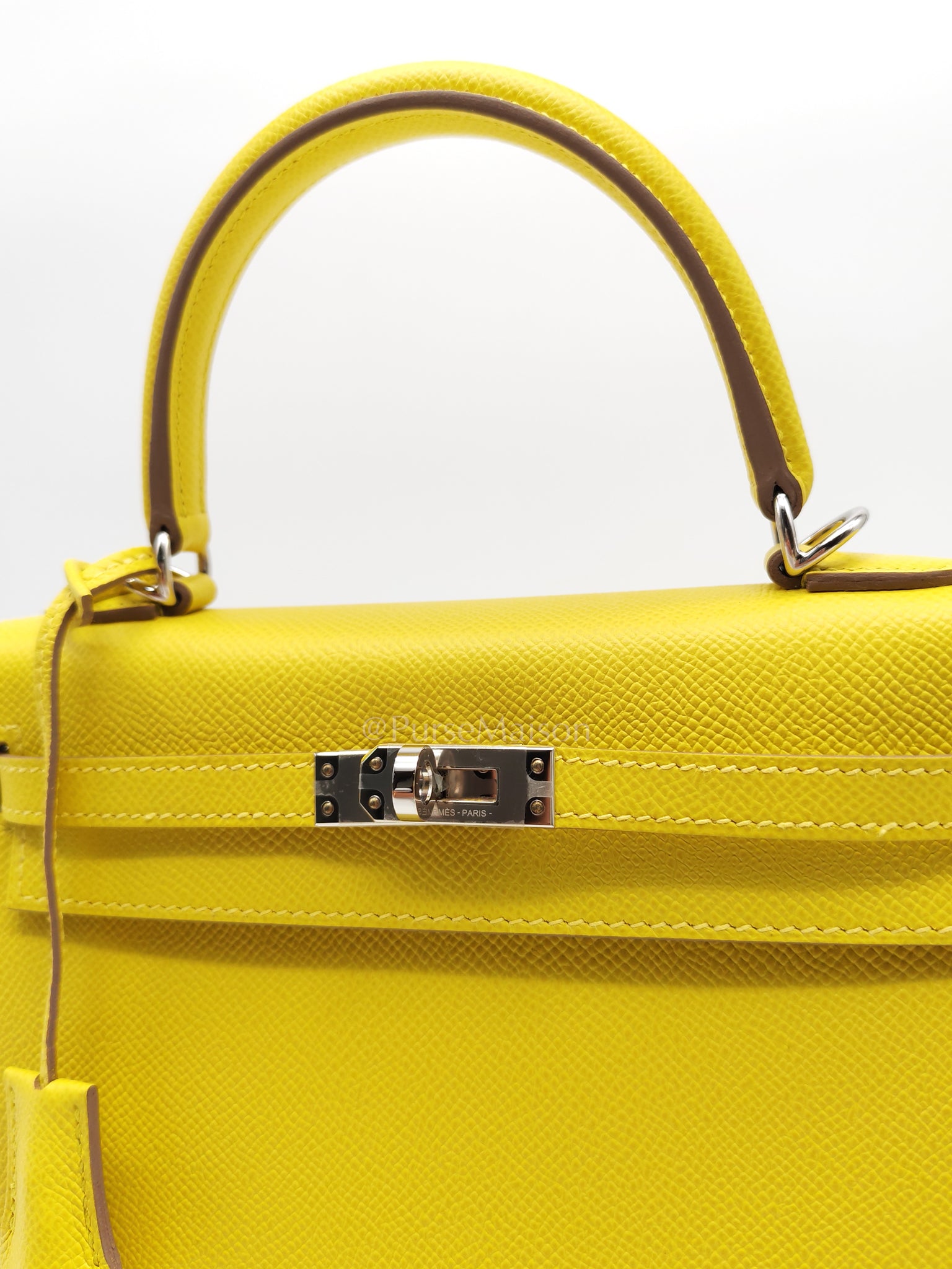 Kelly 25 Sellier in Lime Epsom Leather and Palladiun Hardware Stamp U (2022) | Purse Maison Luxury Bags Shop