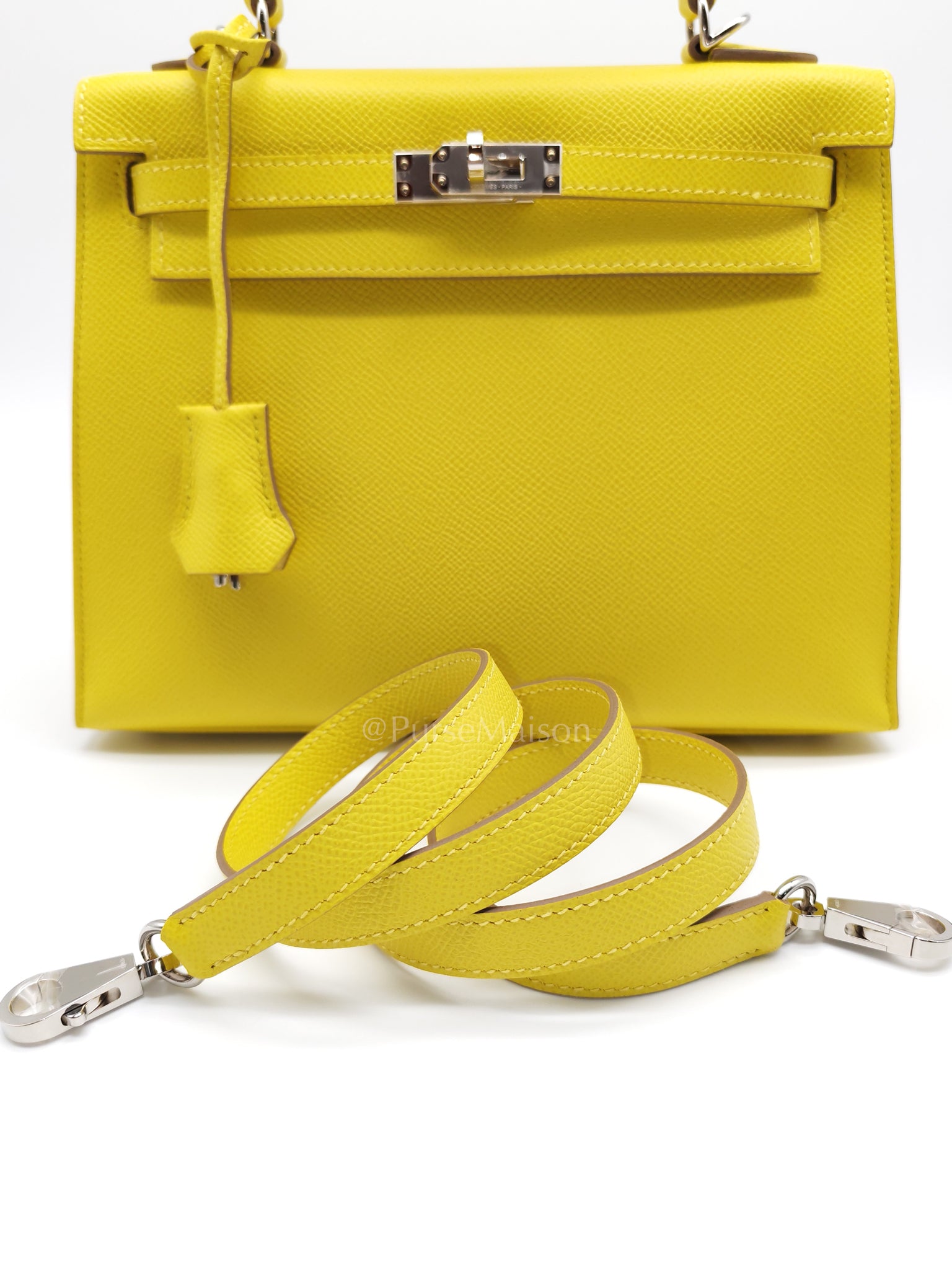 Kelly 25 Sellier in Lime Epsom Leather and Palladiun Hardware Stamp U (2022) | Purse Maison Luxury Bags Shop