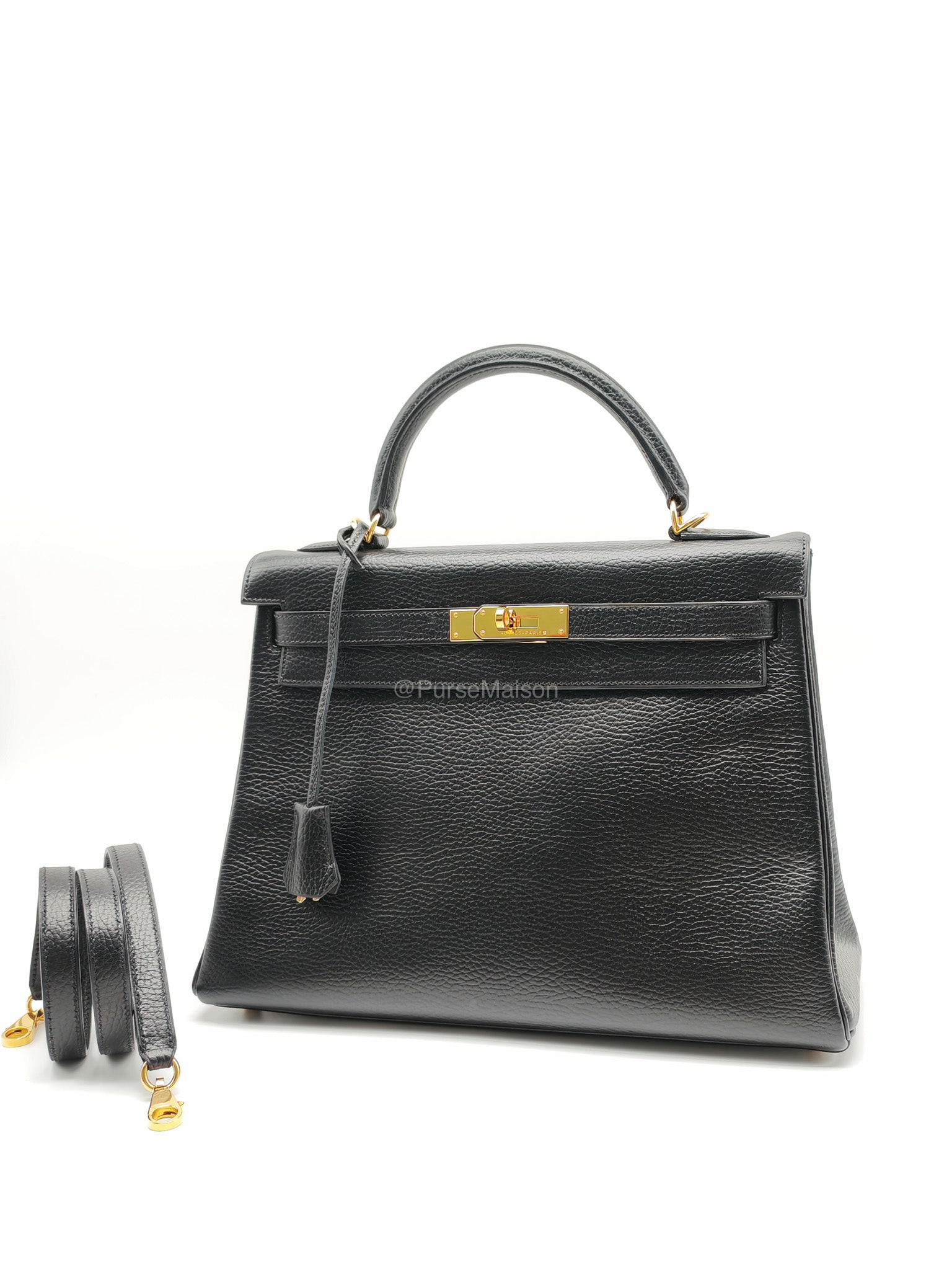 Hermes Kelly 32 in Black Ardennes Taurillon Leather Gold Hardware Stamp Square E(2001) | Purse Maison Luxury Bags Shop