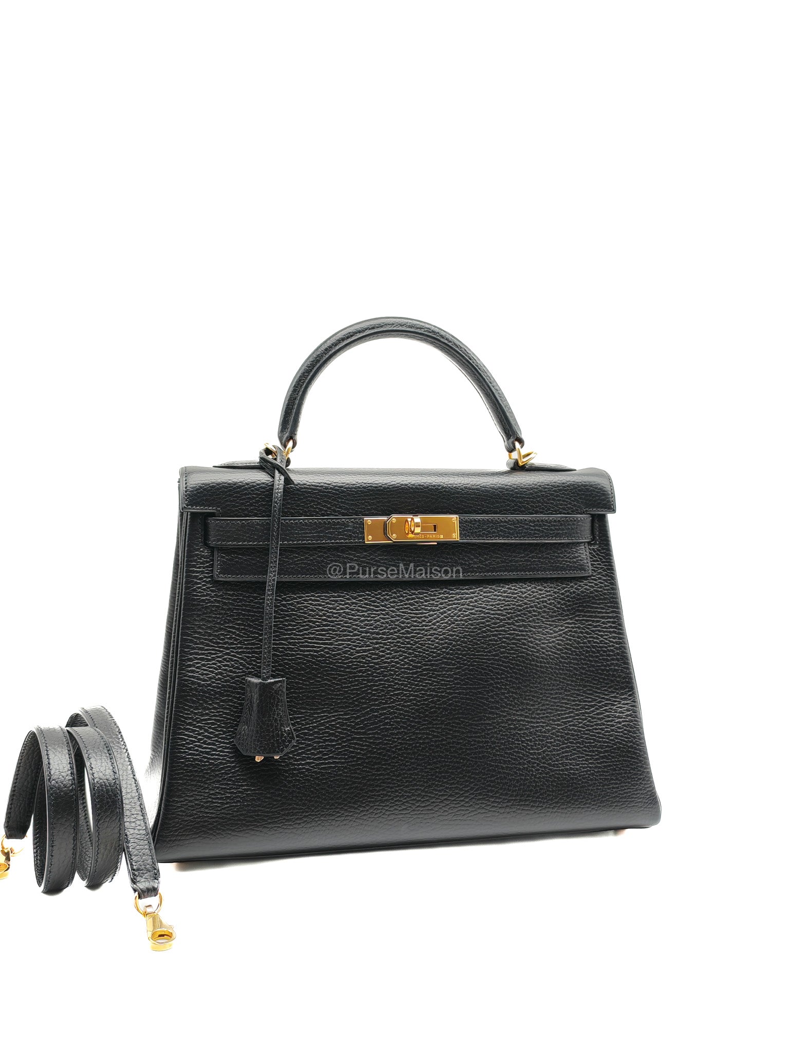 Hermes Kelly 32 in Black Ardennes Taurillon Leather Gold Hardware Stamp Square E(2001) | Purse Maison Luxury Bags Shop