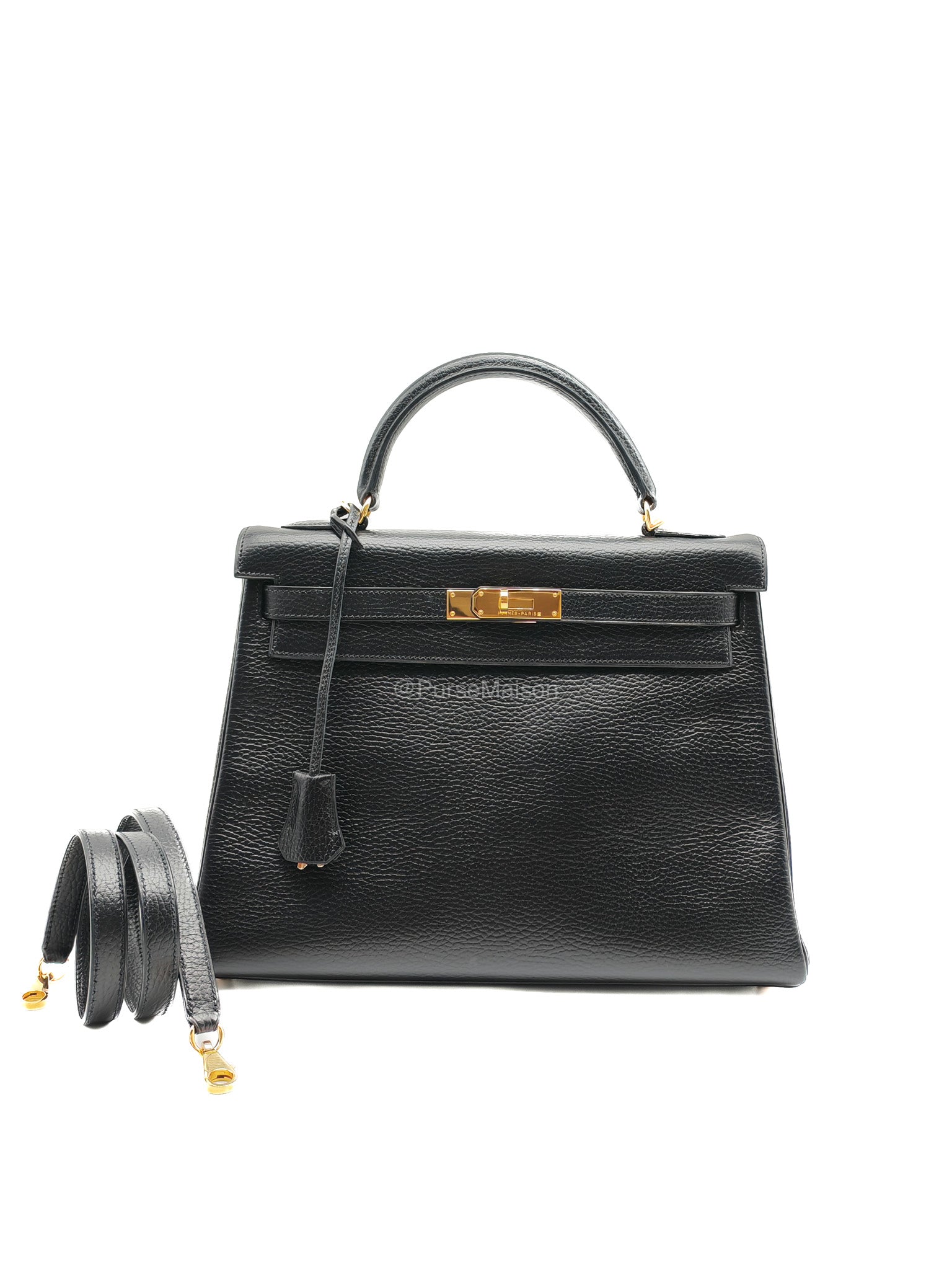 Hermes Kelly 32 in Black Ardennes Taurillon Leather Gold Hardware Stamp Square E(2001) | Purse Maison Luxury Bags Shop