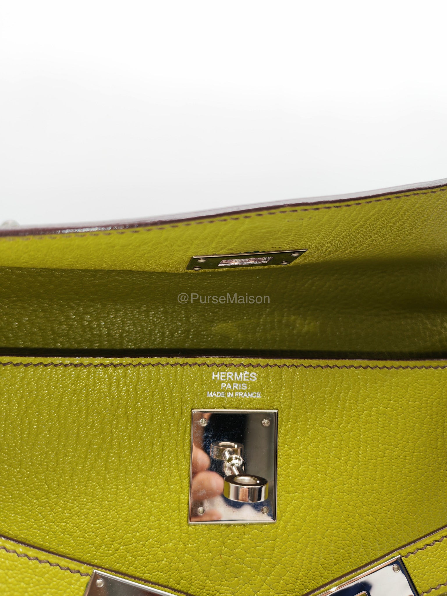 Hermes Kelly 32 in Vert Anis Cheve Mysore Leather Palladium Hardware Stamp J Square(2006) | Purse Maison Luxury Bags Shop