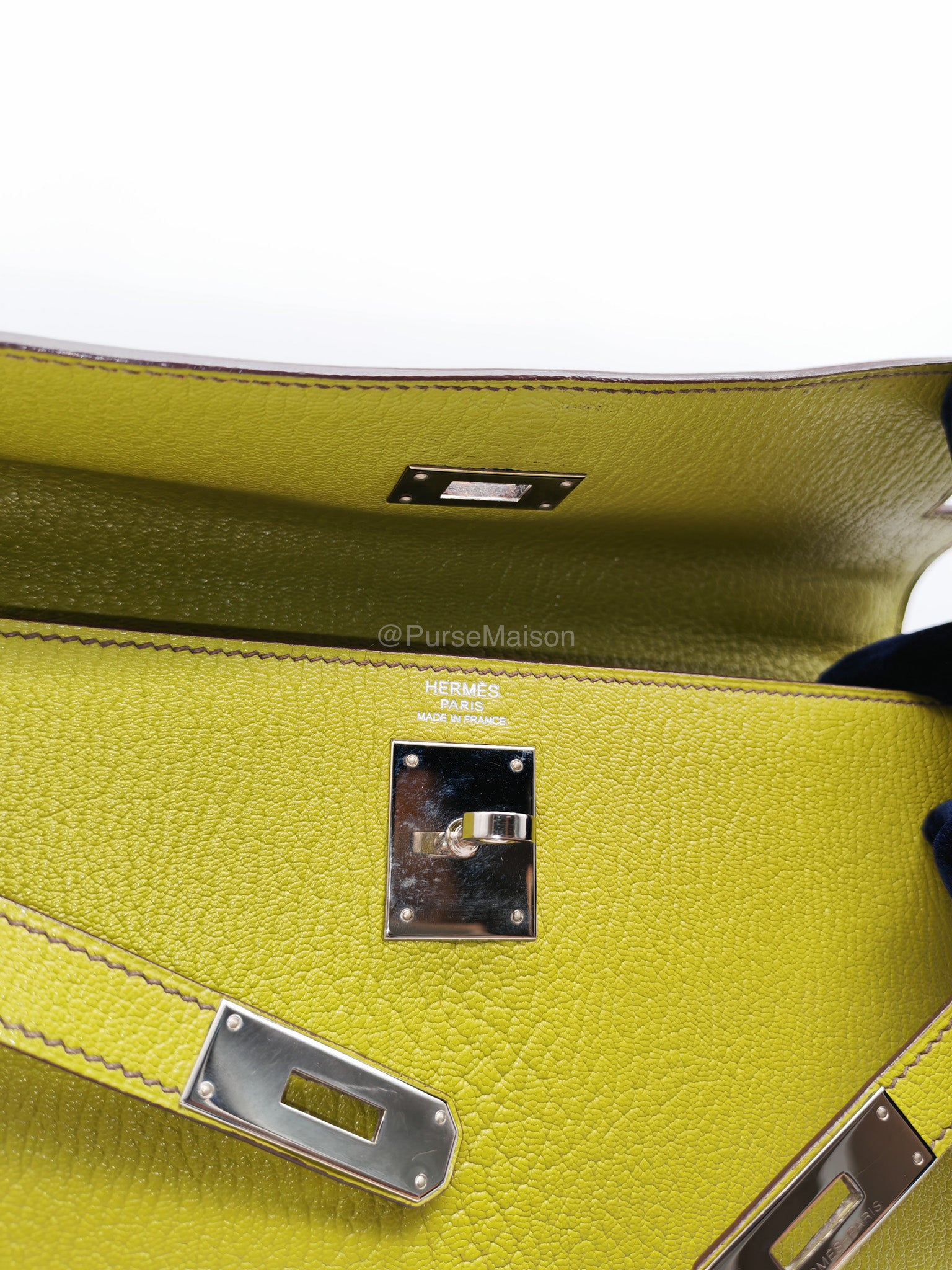Hermes Kelly 32 in Vert Anis Cheve Mysore Leather Palladium Hardware Stamp J Square(2006) | Purse Maison Luxury Bags Shop
