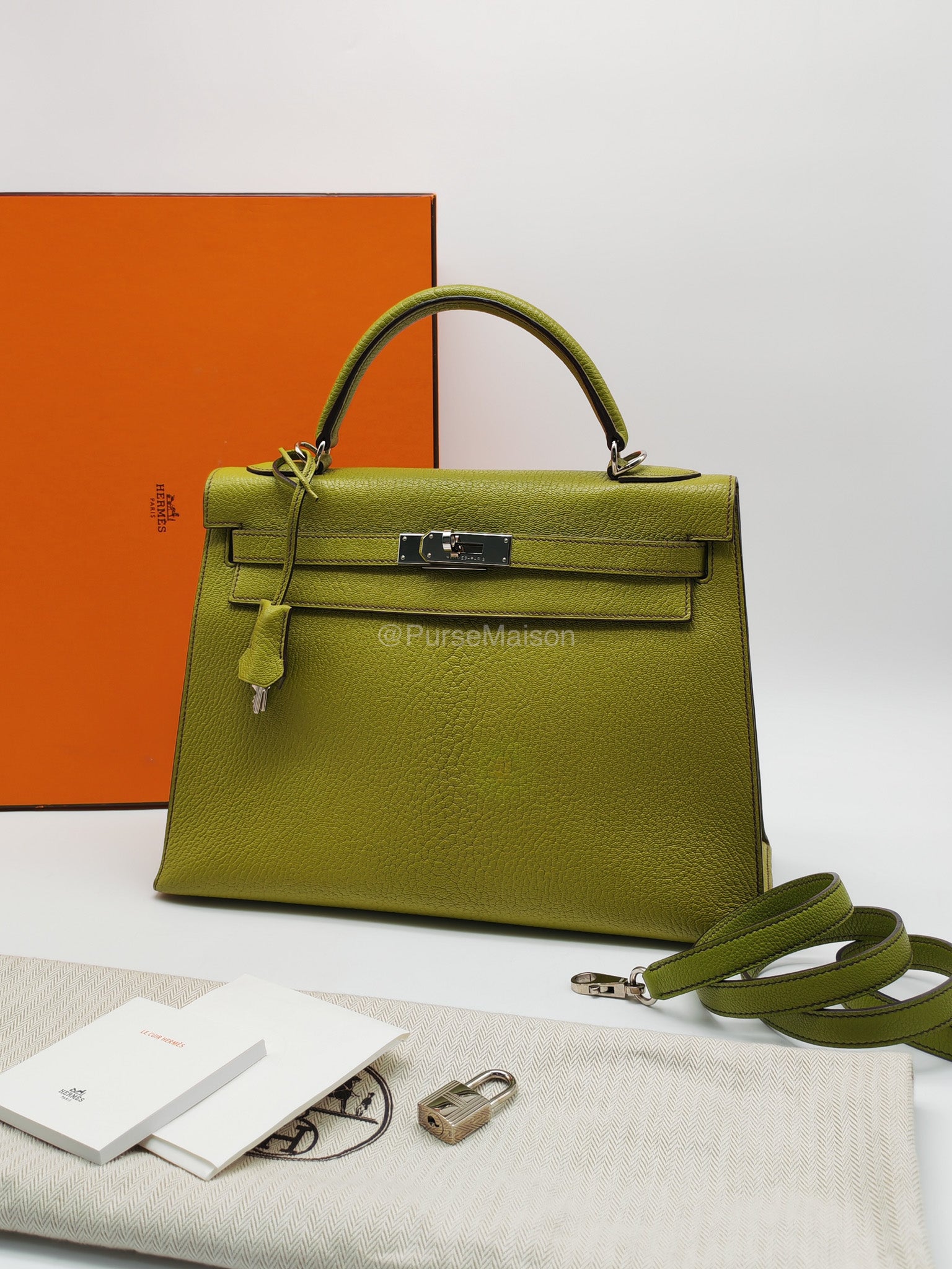 Hermes Kelly 32 in Vert Anis Cheve Mysore Leather Palladium Hardware Stamp J Square(2006) | Purse Maison Luxury Bags Shop