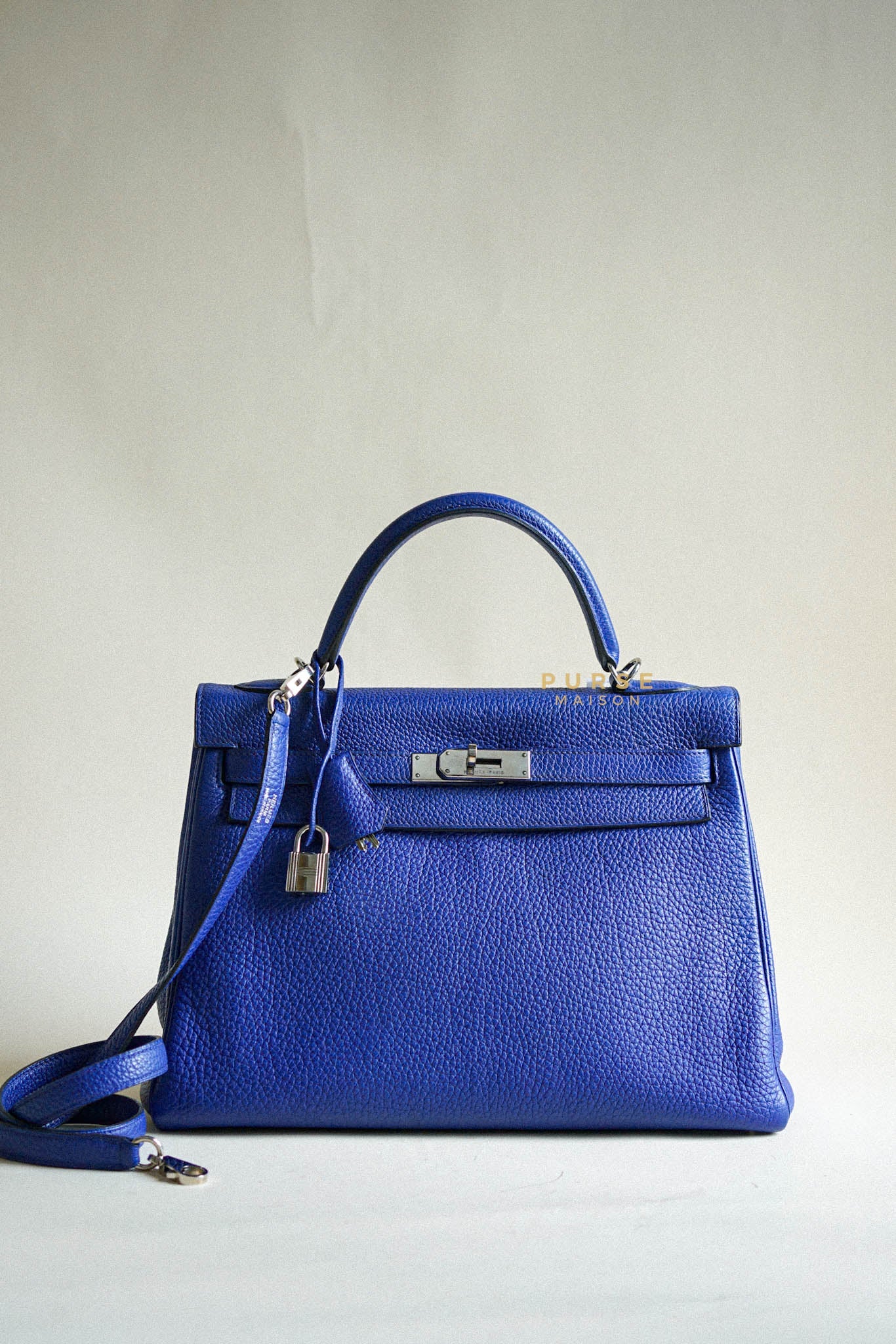 Hermes Kelly 32 Retourne Blue Electric Togo Palladium Hardware Stamp O square (2011) | Purse Maison Luxury Bags Shop