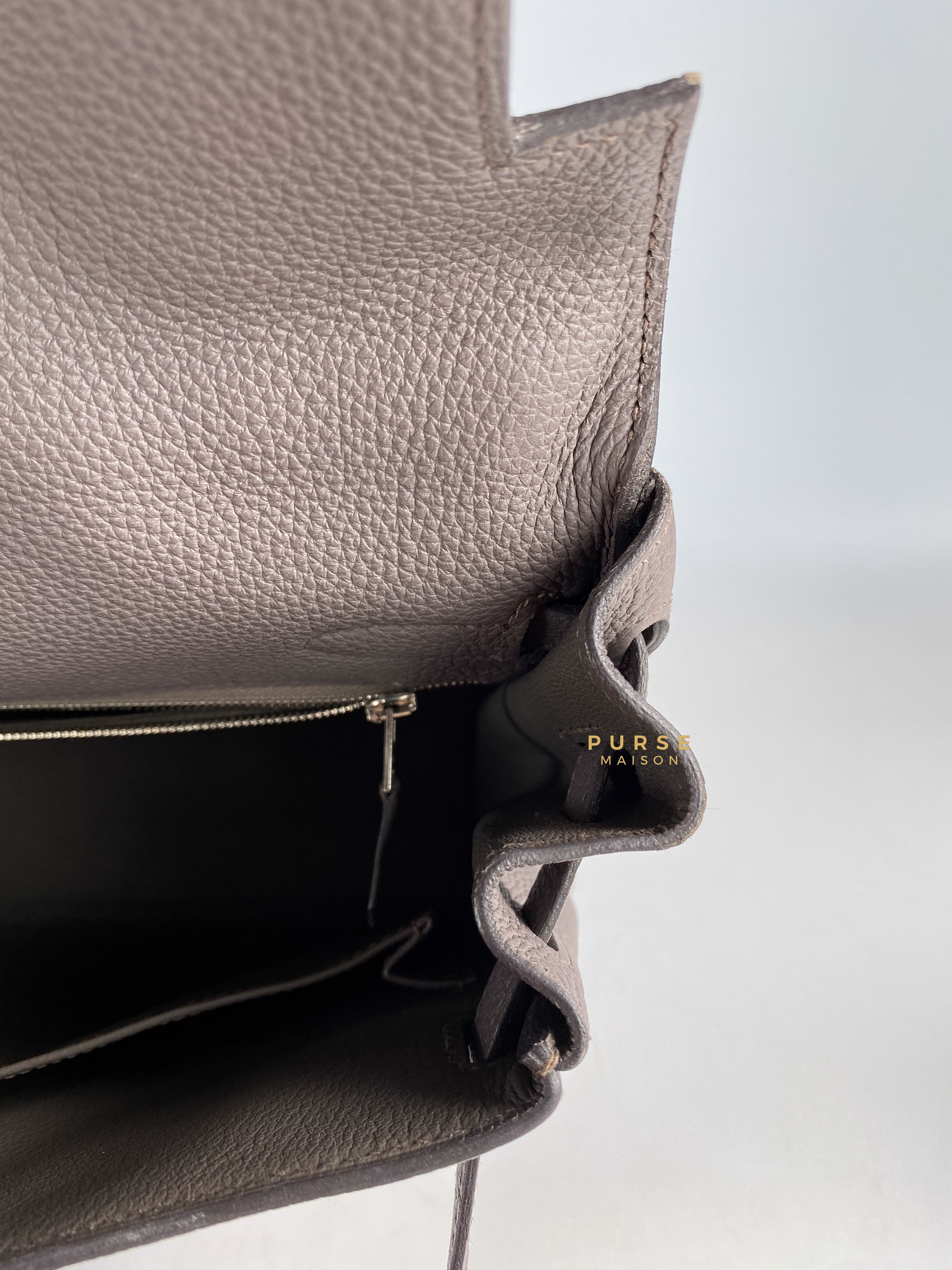 Hermes Kelly 32 Retourne Etain Togo and Palladium Hardware Stamp A | Purse Maison Luxury Bags Shop