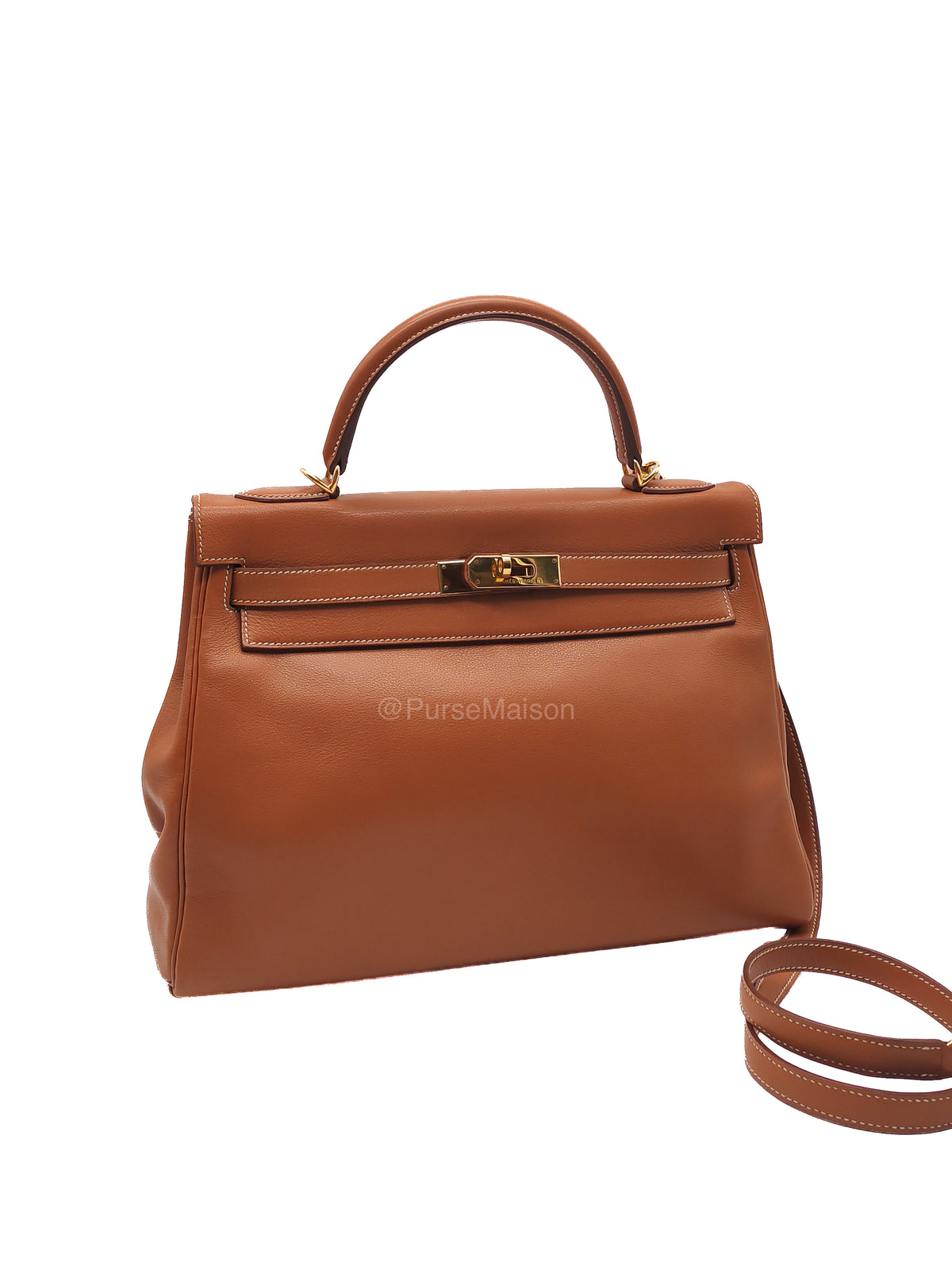 Hermes Kelly 32 Retourne in Gold Swift Leather and Gold Hardware Stamp Square E (2001) | Purse Maison Luxury Bags Shop