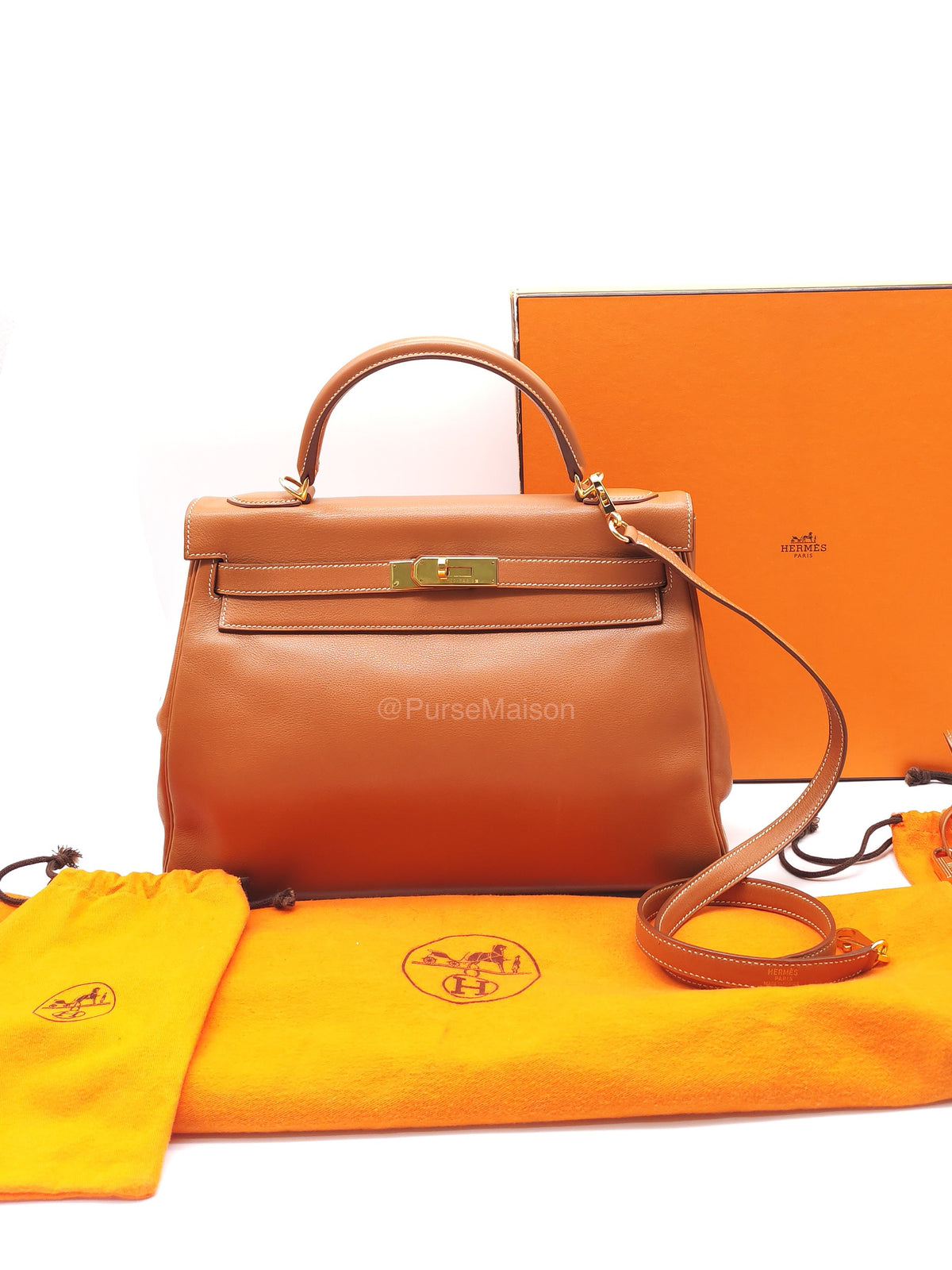 Hermes Kelly 32 Retourne in Gold Swift Leather and Gold Hardware Stamp Square E (2001) | Purse Maison Luxury Bags Shop