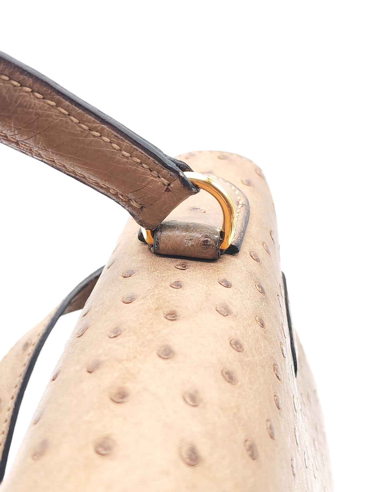 Hermes Kelly 32 Sellier in Mousse Ostrich Leather in Gold Hardware Stamp X Circle (1994) | Purse Maison Luxury Bags Shop