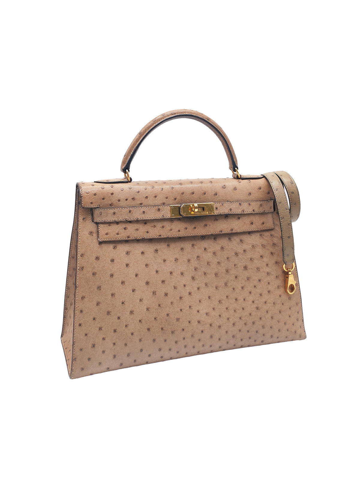 Hermes Kelly 32 Sellier in Mousse Ostrich Leather in Gold Hardware Stamp X Circle (1994) | Purse Maison Luxury Bags Shop