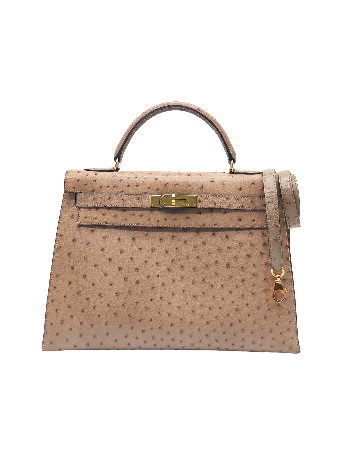Hermes Kelly 32 Sellier in Mousse Ostrich Leather in Gold Hardware Stamp X Circle (1994) | Purse Maison Luxury Bags Shop