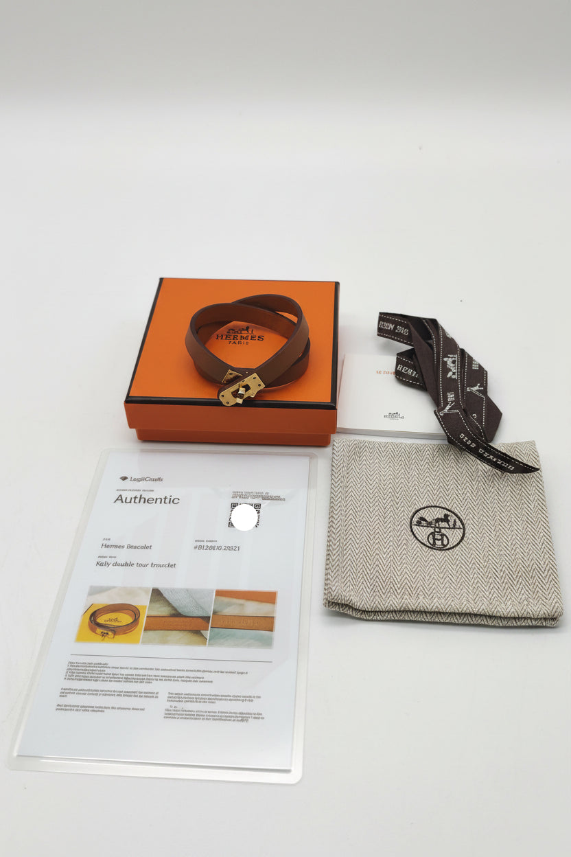 Hermes Kelly Double Tour Bracelet in Gold Swift Leather Gold Hardware Stamp K(2025) | Purse Maison Luxury Bags Shop