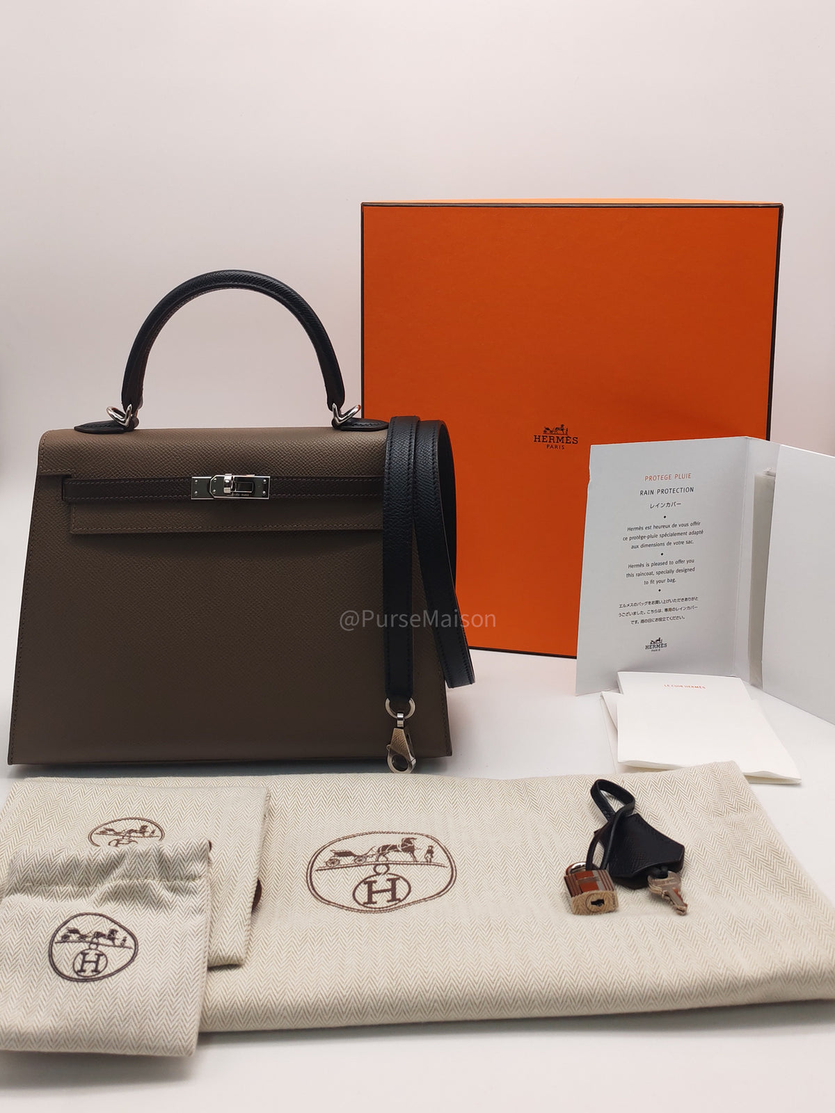 Hermes Kelly II 25 Sellier Tri-color in Etoupe/Ecorce/Noir Epsom Palladium Hardware Stamp B (2023) | Purse Maison Luxury Bags Shop