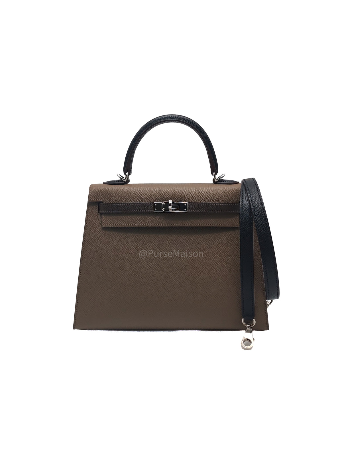 Hermes Kelly II 25 Sellier Tri-color in Etoupe/Ecorce/Noir Epsom Palladium Hardware Stamp B (2023) | Purse Maison Luxury Bags Shop