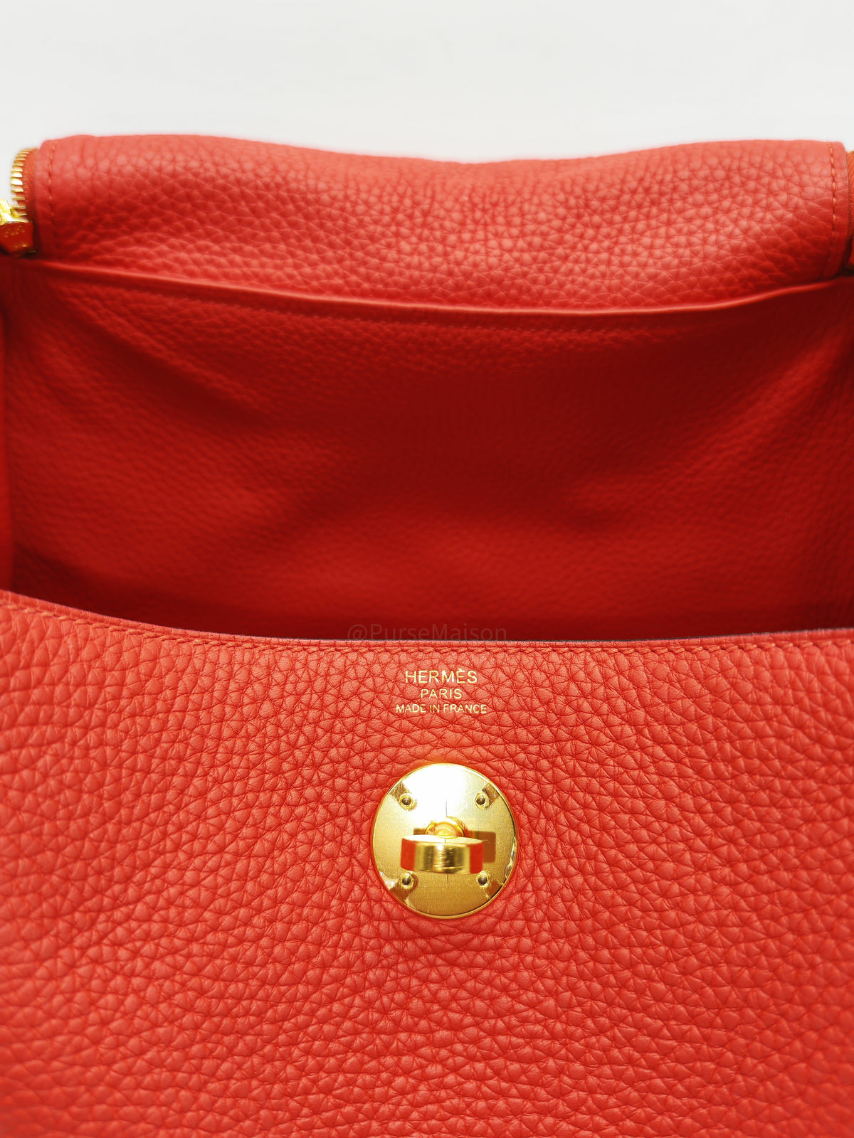 Hermes Lindy 26 in Rouge Tomate Clemence Leather Gold Hardware Stamp X (2016) | Purse Maison Luxury Bags Shop