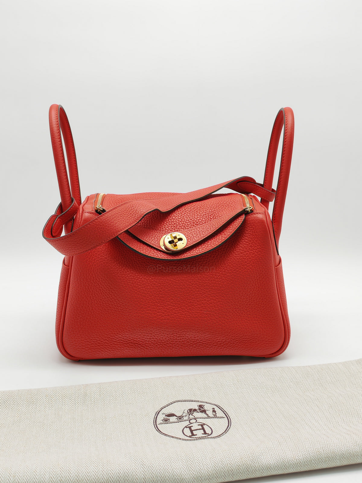 Hermes Lindy 26 in Rouge Tomate Clemence Leather Gold Hardware Stamp X (2016) | Purse Maison Luxury Bags Shop