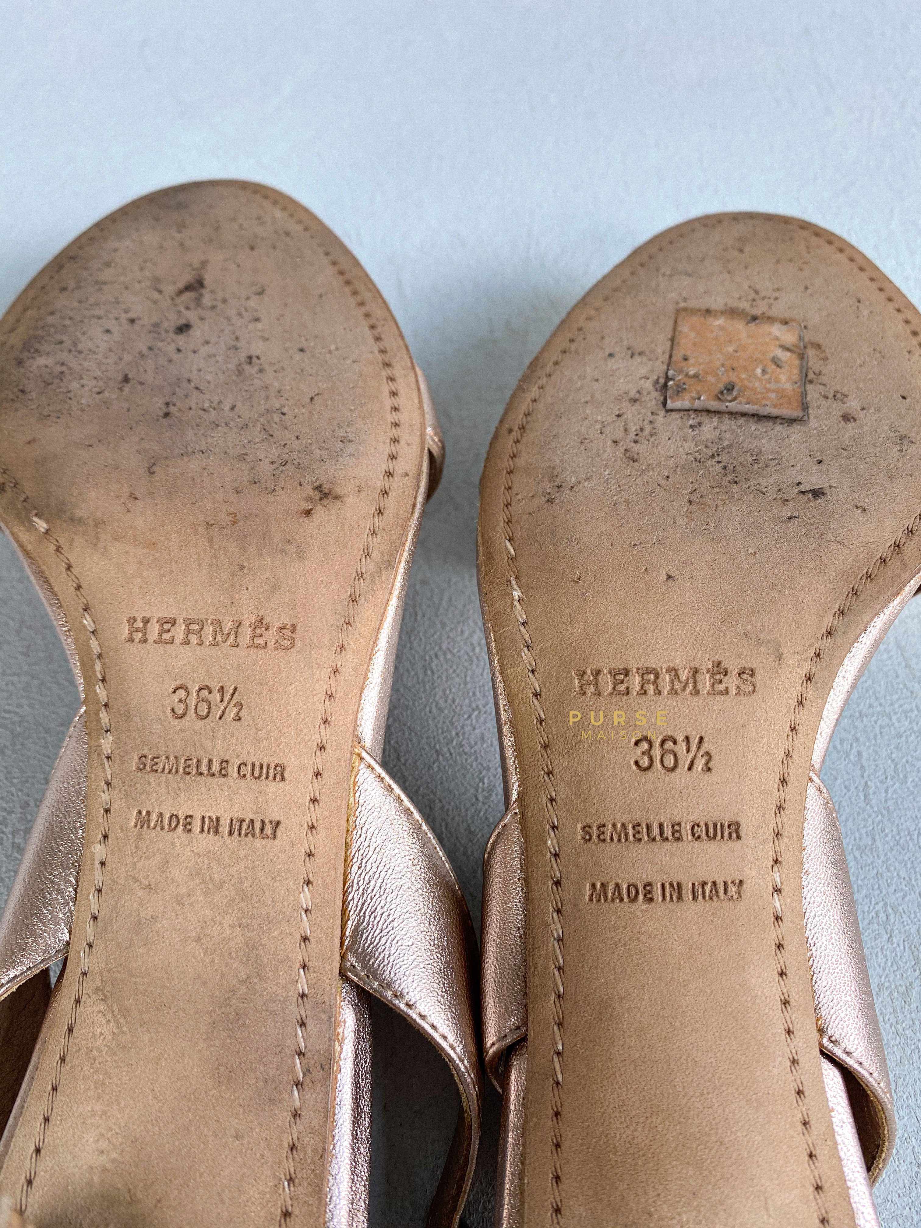 Hermes Metallic Bronze Leather Night 70 Slingback Sandals Size 36.5 EU | Purse Maison Luxury Bags Shop