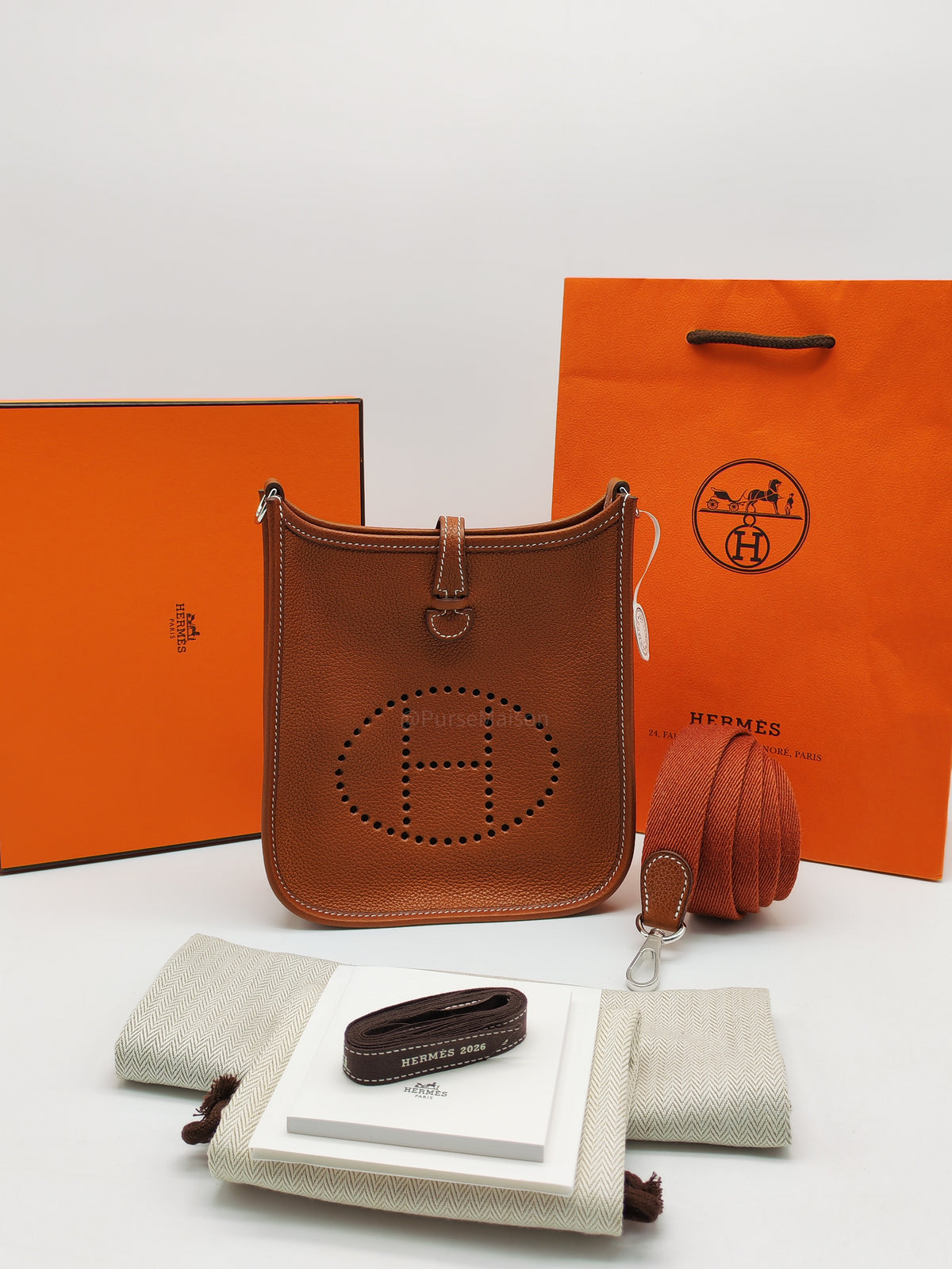 Hermes Mini Evelyne 16 in Gold Barenia Leather and Palladium Hardware Stamp G (2026) | Purse Maison Luxury Bags Shop