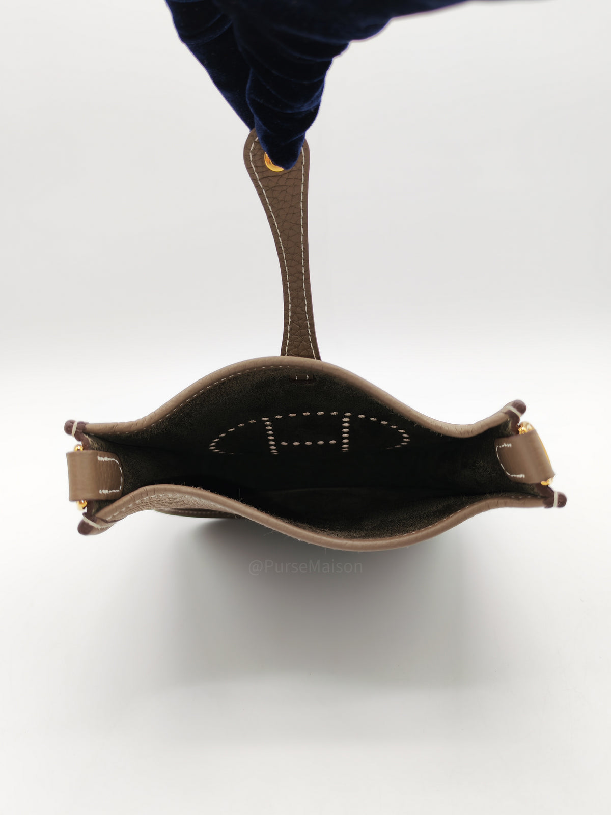 Hermes Mini Evelyne TPM in Etoupe Clemence Leather with Navy Blue Strap Palladium Hardware Stamp K(2025) | Purse Maison Luxury Bags Shop