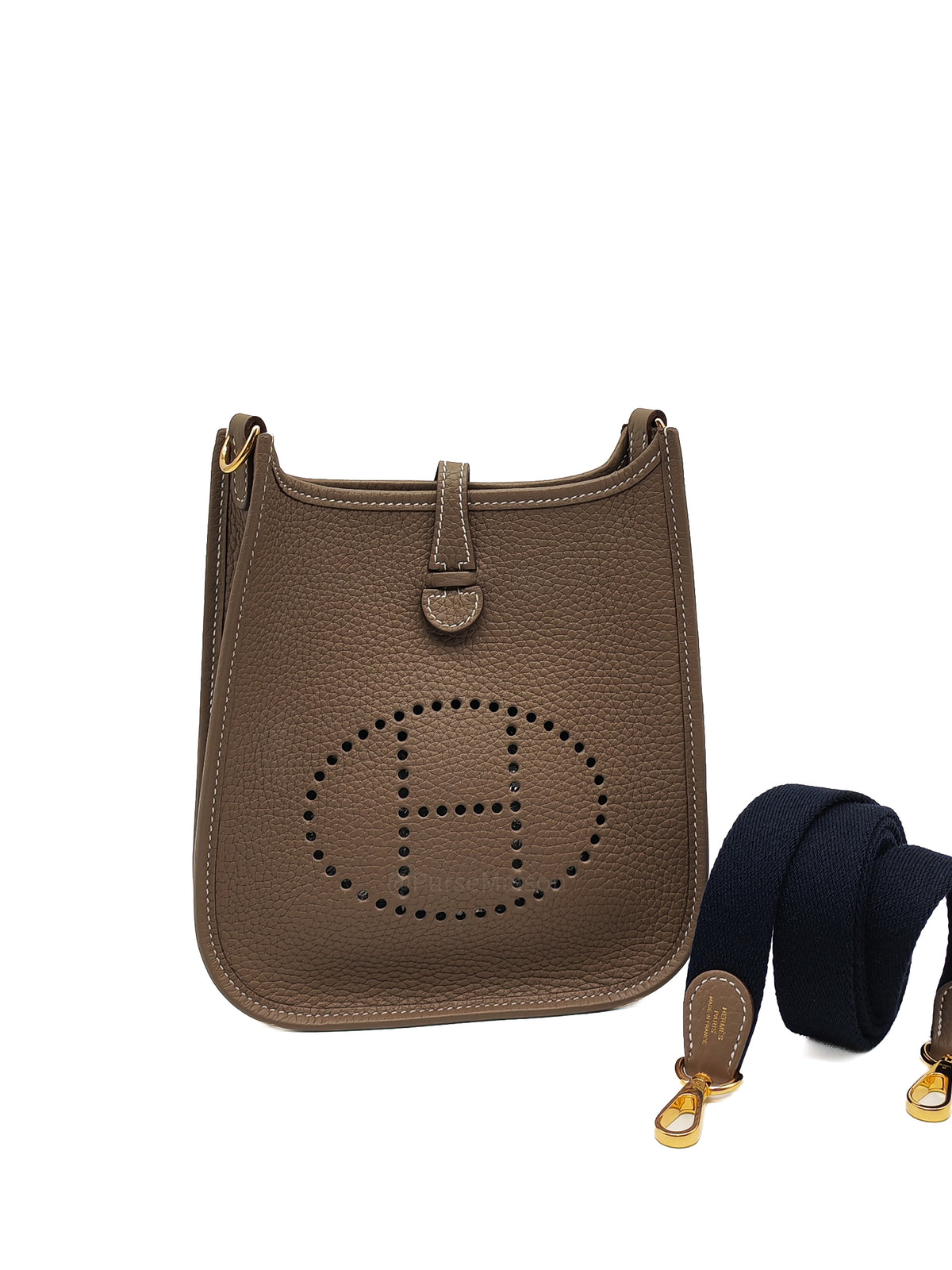 Hermes Mini Evelyne TPM in Etoupe Clemence Leather with Navy Blue Strap Palladium Hardware Stamp K(2025) | Purse Maison Luxury Bags Shop