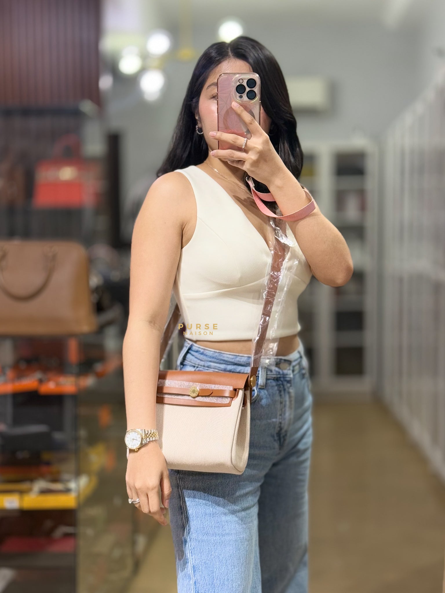 Mini Herbag Beige Leather Canvas and Palladium Hardware Stamp W (2024) | Purse Maison Luxury Bags Shop