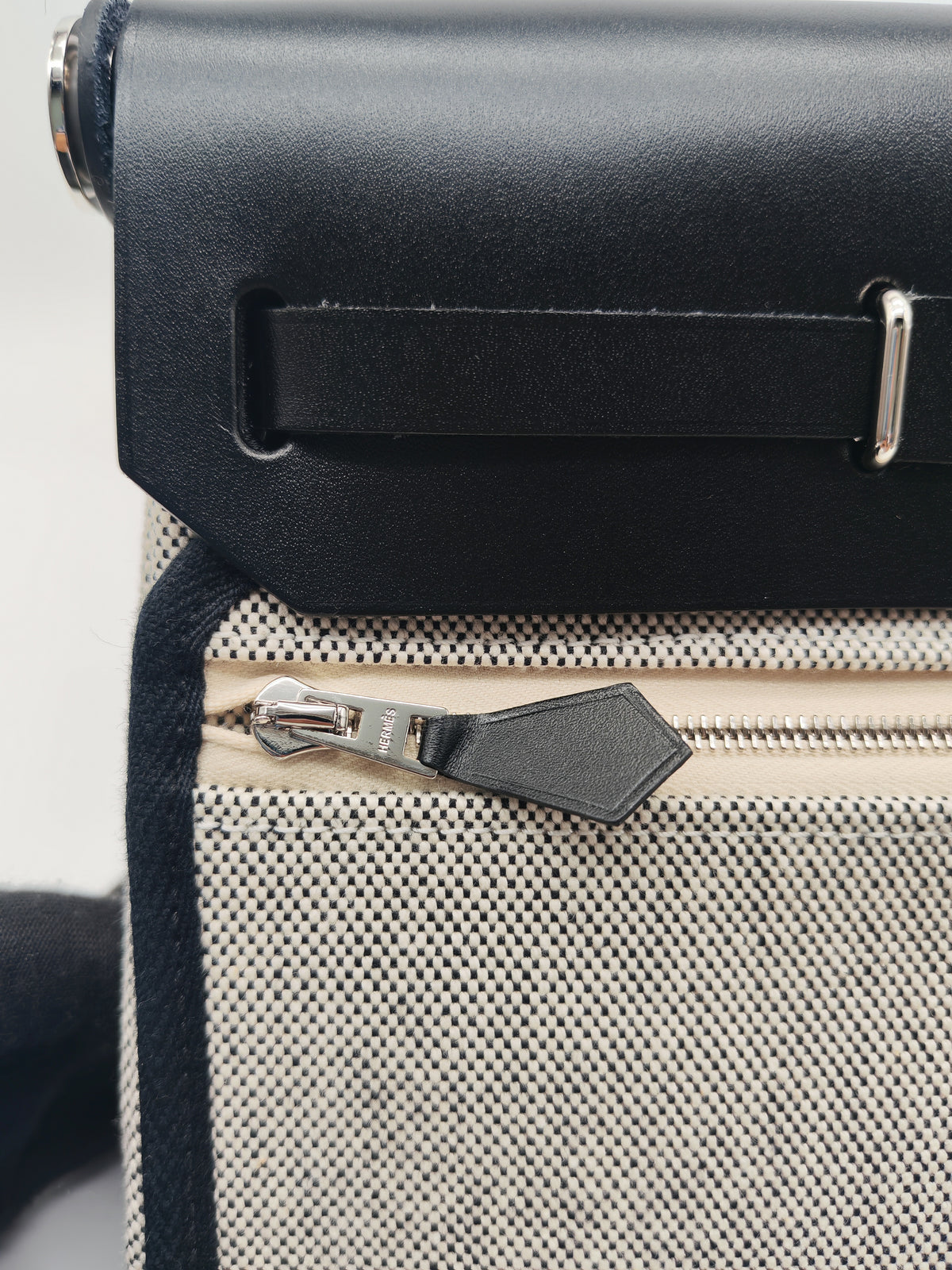 Hermes Mini Herbag Zip Retourne 20 in Ecru Black Military Toile Vache Hunter Stamp G (2026) | Purse Maison Luxury Bags Shop