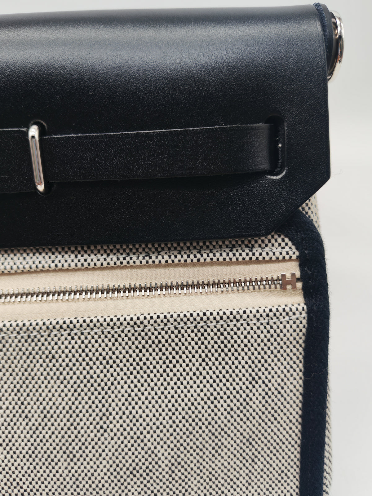 Hermes Mini Herbag Zip Retourne 20 in Ecru Black Military Toile Vache Hunter Stamp G (2026) | Purse Maison Luxury Bags Shop